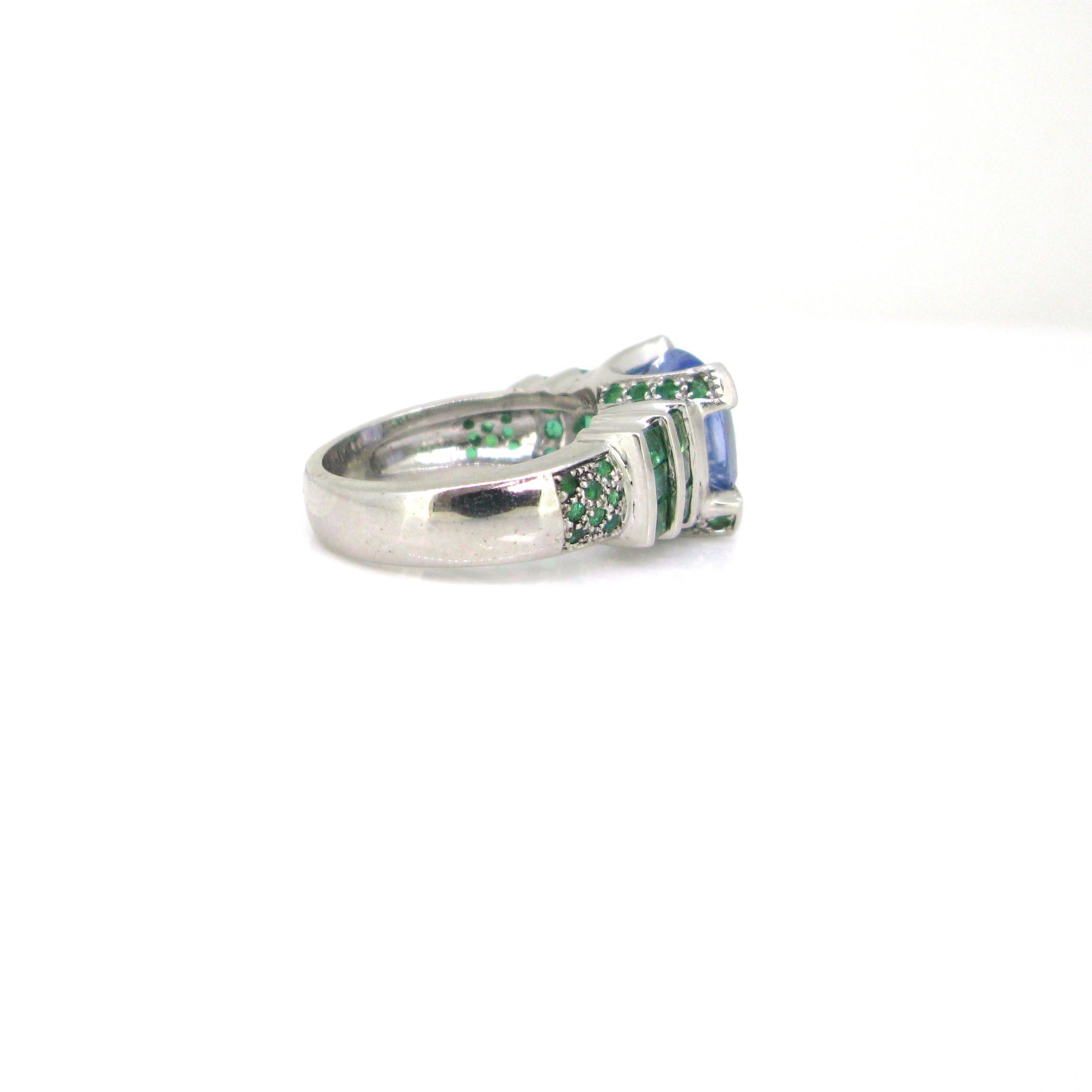 Cushion Cut 6.75 Carat Ceylon Sapphire and Emerald Ring, 18 Karat White Gold