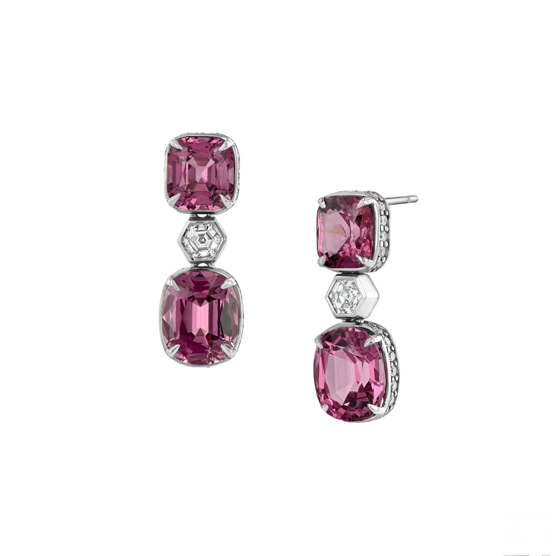 Antique Cushion Cut 6.75ct untreated Burmese spinel earrings in 18K white gold. For Sale