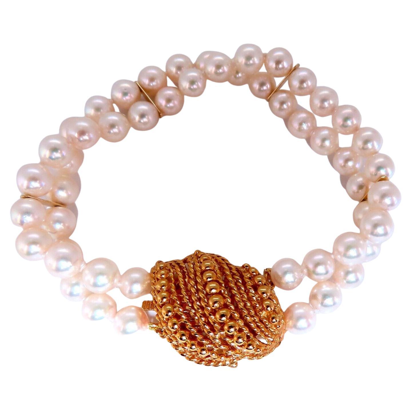 Akoya Pearls Pearls Double Stranded Bracelet 14kt Shell Twist Clasp For Sale