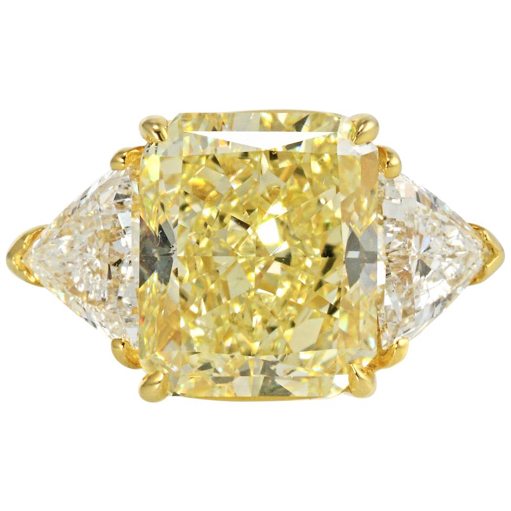 6.76 Carat Radiant Cut Fancy Yellow VVS2 Diamond Three-Stone Engagement Ring