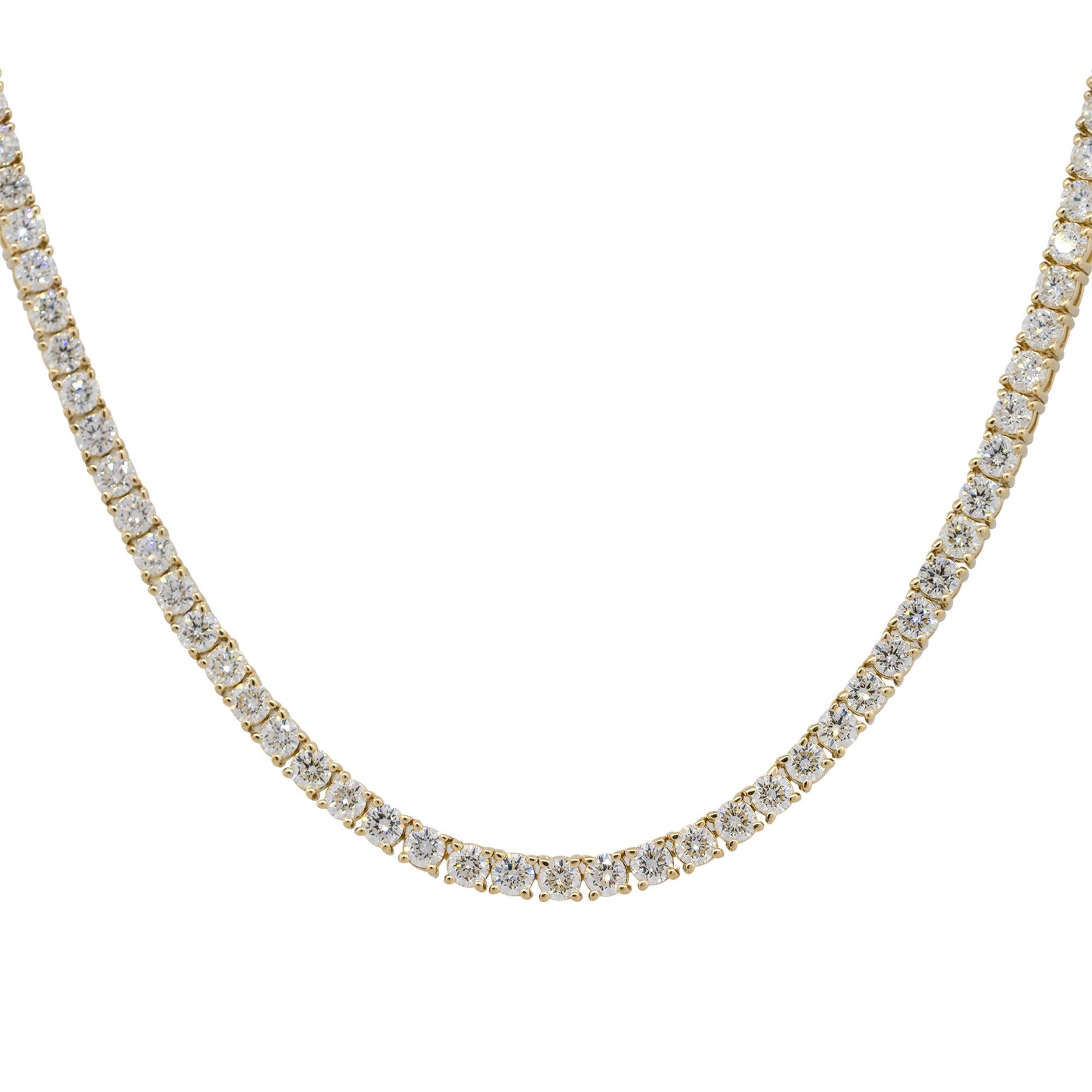 Round Cut 6.76 Carat Round Diamond Four Prong Tennis Necklace 14 Karat in Stock For Sale