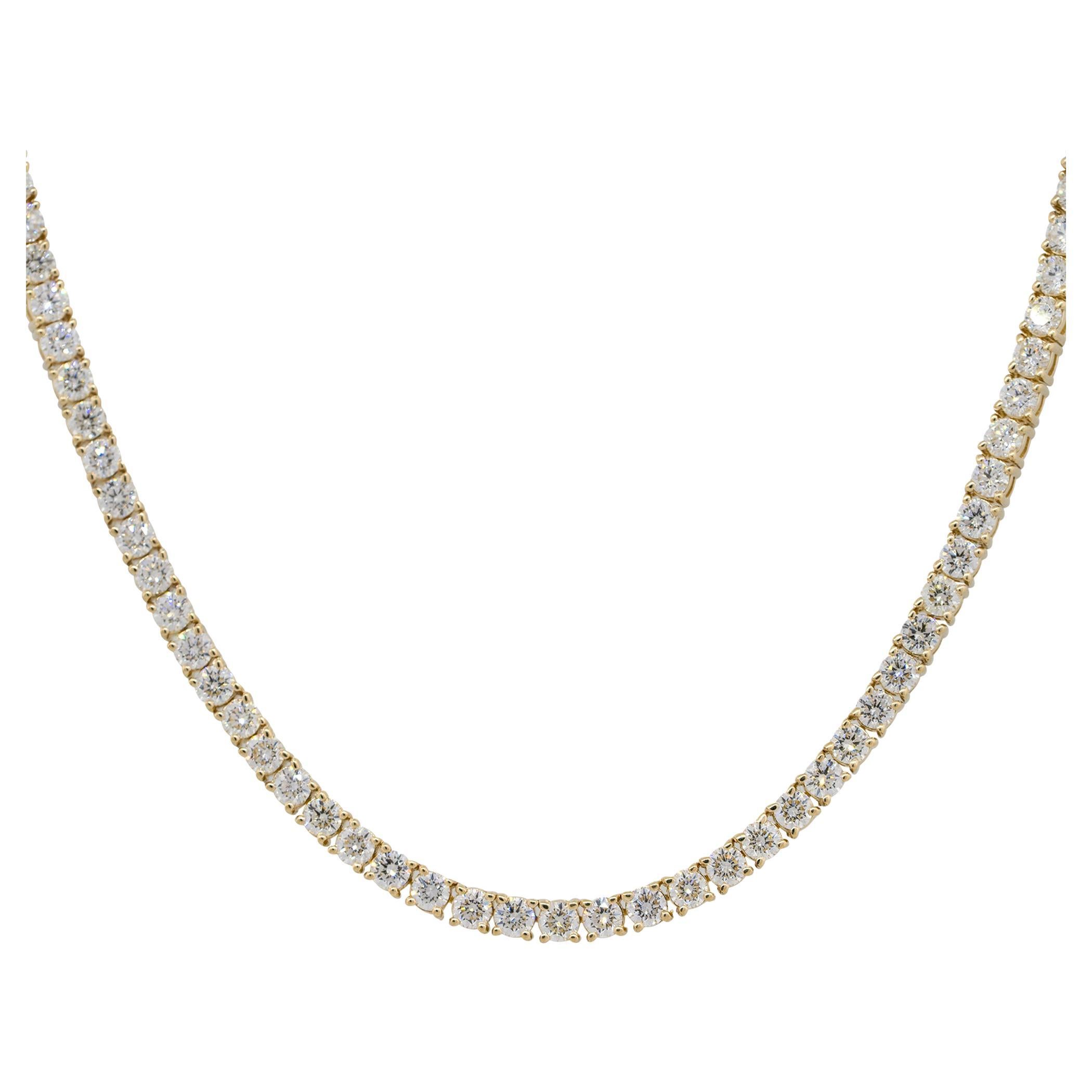 Modern 6.76 Carat Round Diamond Four Prong Tennis Necklace 14 Karat in Stock For Sale
