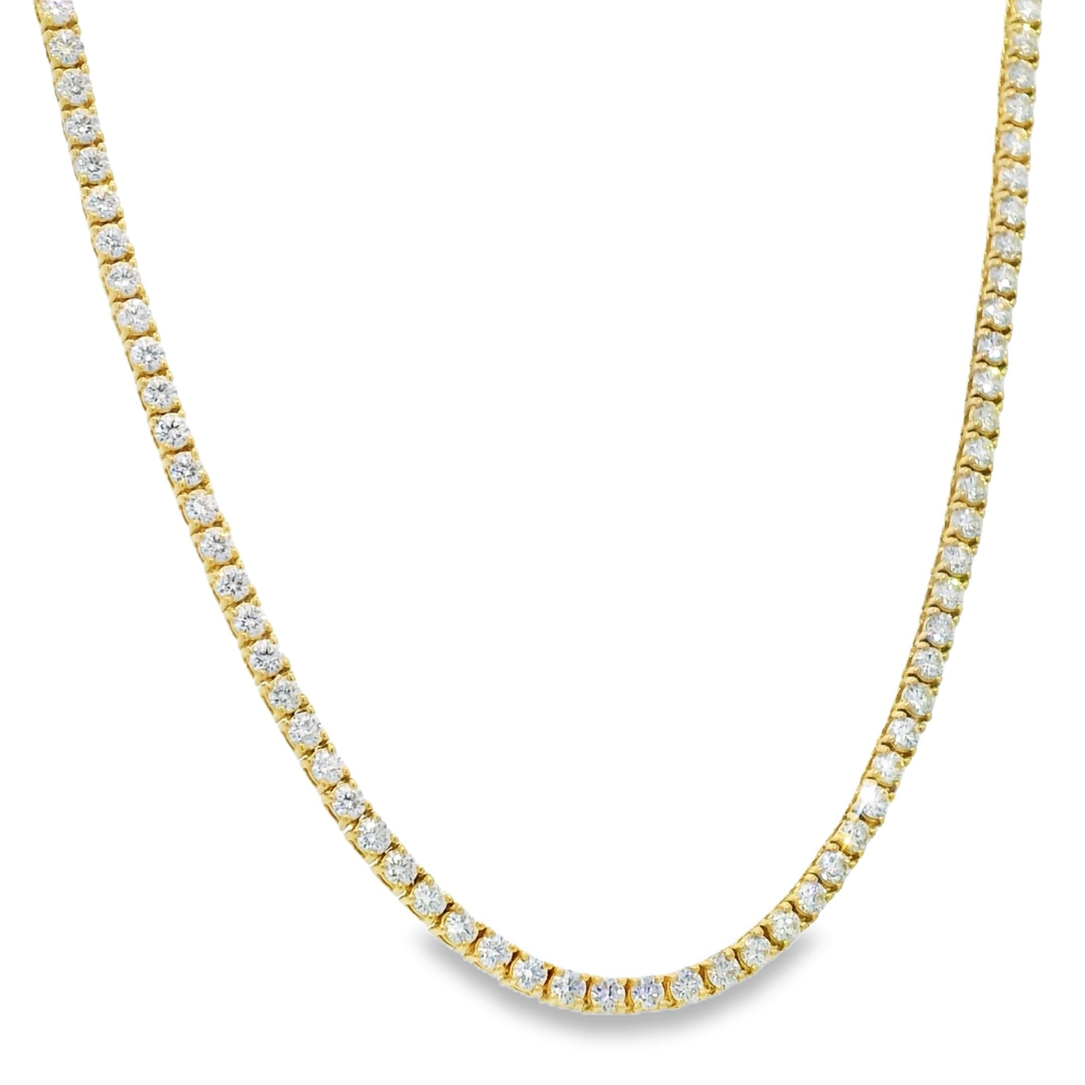 Material: 14k Yellow gold
Diamond Details: Approx. 6.76ctw of round cut Diamonds. Diamonds are G/H in color and VS in clarity
Clasps: Tongue in box with safety clasp
Total Weight: 14.7g (9.5dwt)
Length: 17