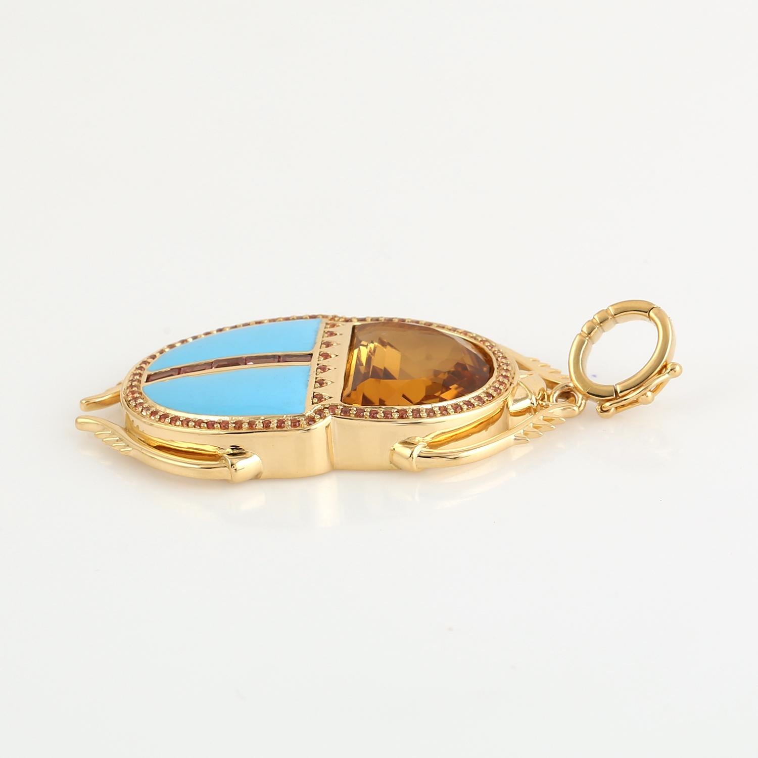 Art déco 6.76 ct Citrine & Saphir Rose Pendentif Coccinelle en Or Jaune 18k en vente