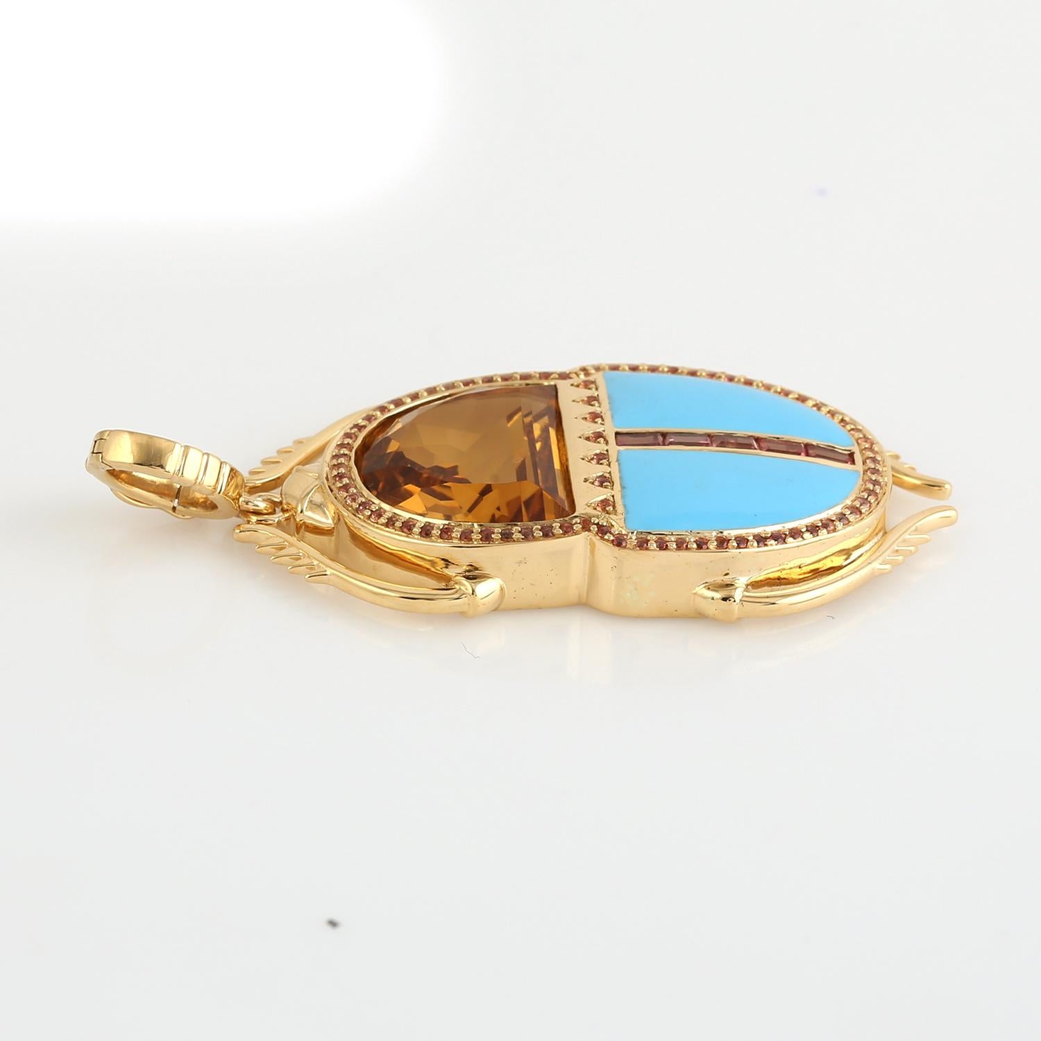 Taille mixte 6.76 ct Citrine & Saphir Rose Pendentif Coccinelle en Or Jaune 18k en vente