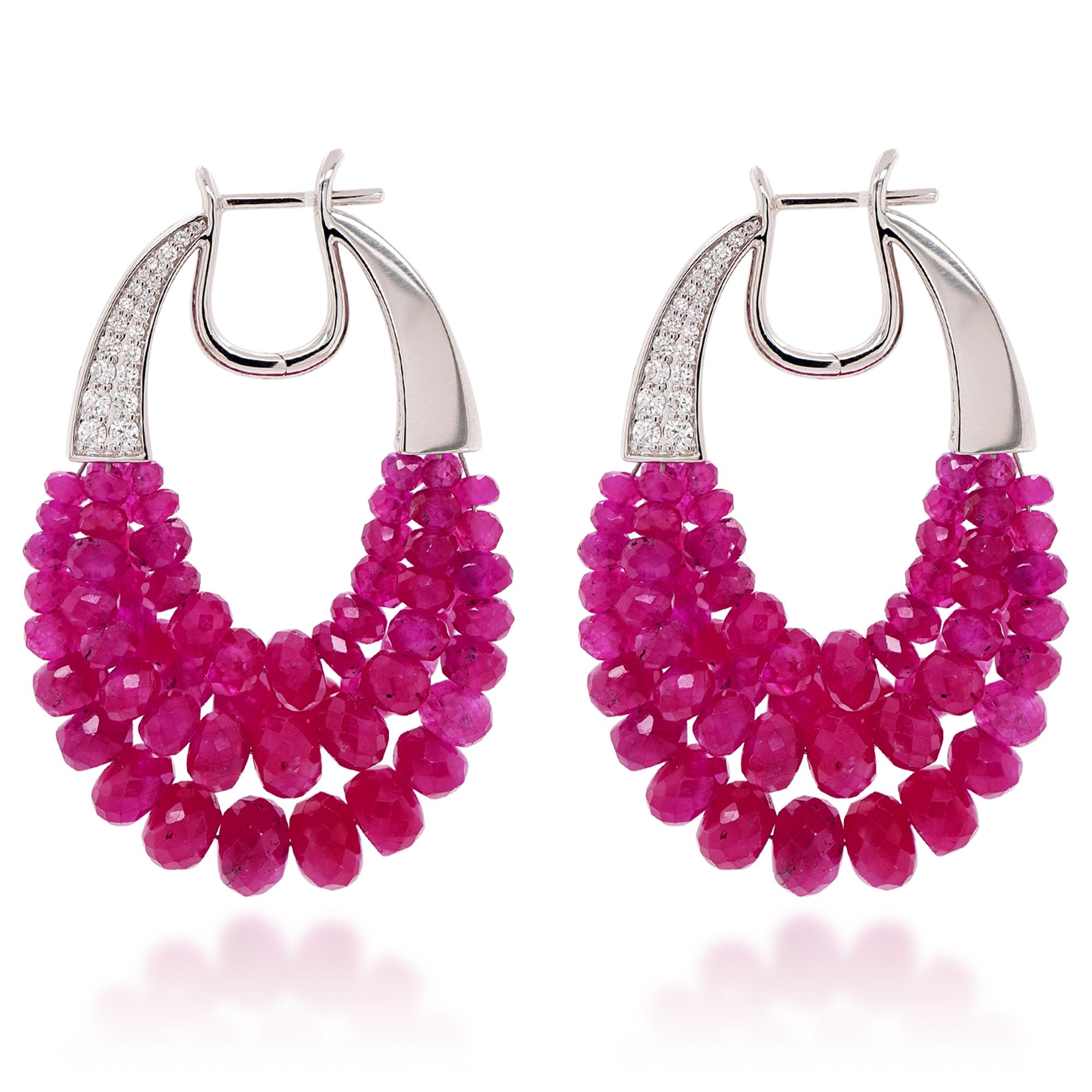 Bead 67.68 Carats Vivid Color Ruby & 0.75 Carats White Diamond Stunning Earring