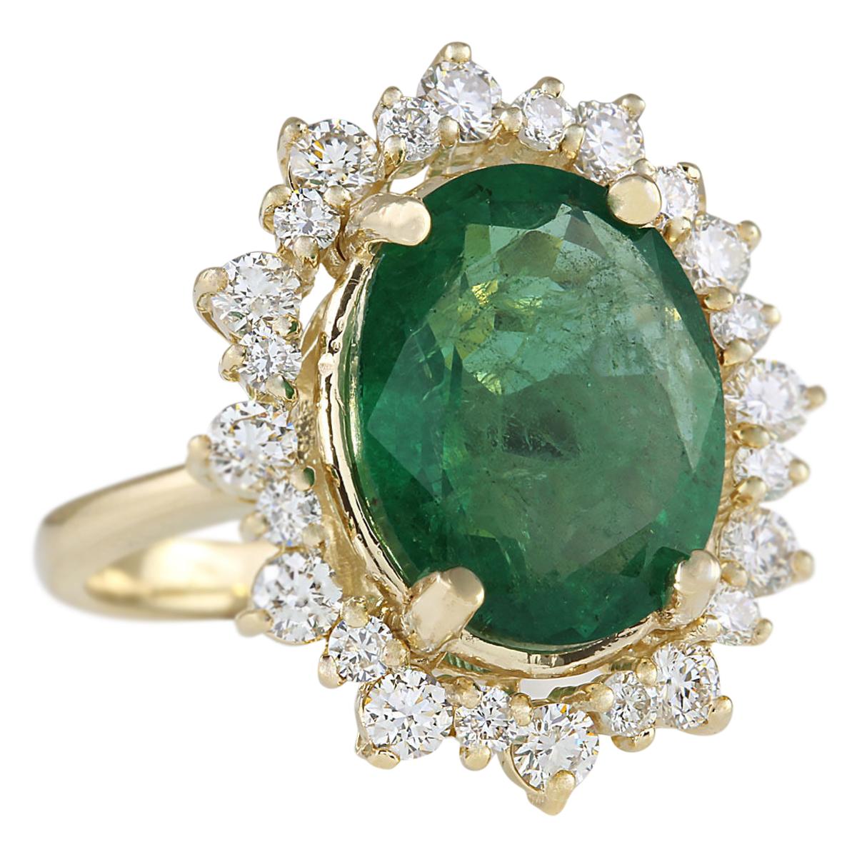 Stamped: 18K Yellow Gold
Total Ring Weight: 7.2 Grams
Ring Length: N/A
Ring Width: N/A
Gemstone Weight: Total  Emerald Weight is 5.72 Carat (Measures: 13.58x10.65 mm)
Color: Green
Diamond Weight: Total  Diamond Weight is 1.05 Carat
Color: F-G,