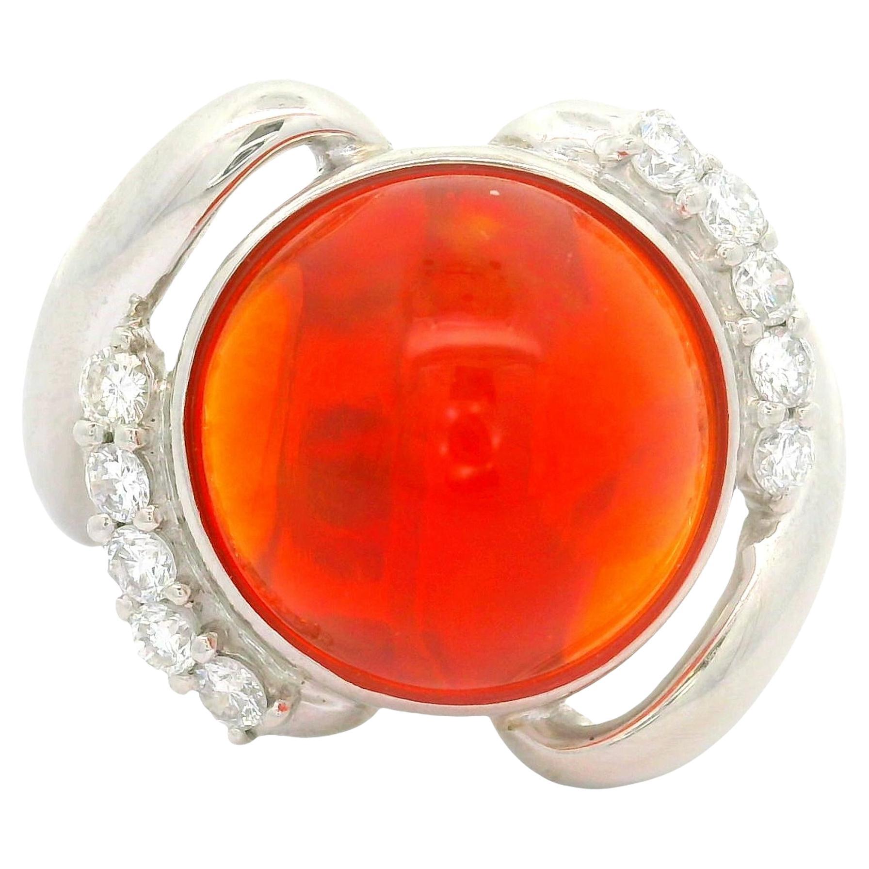 Mexican Fire Opal Diamond Engagement Ring – 18K Gold, Oval Opal, 18 Diamonds, Size 7