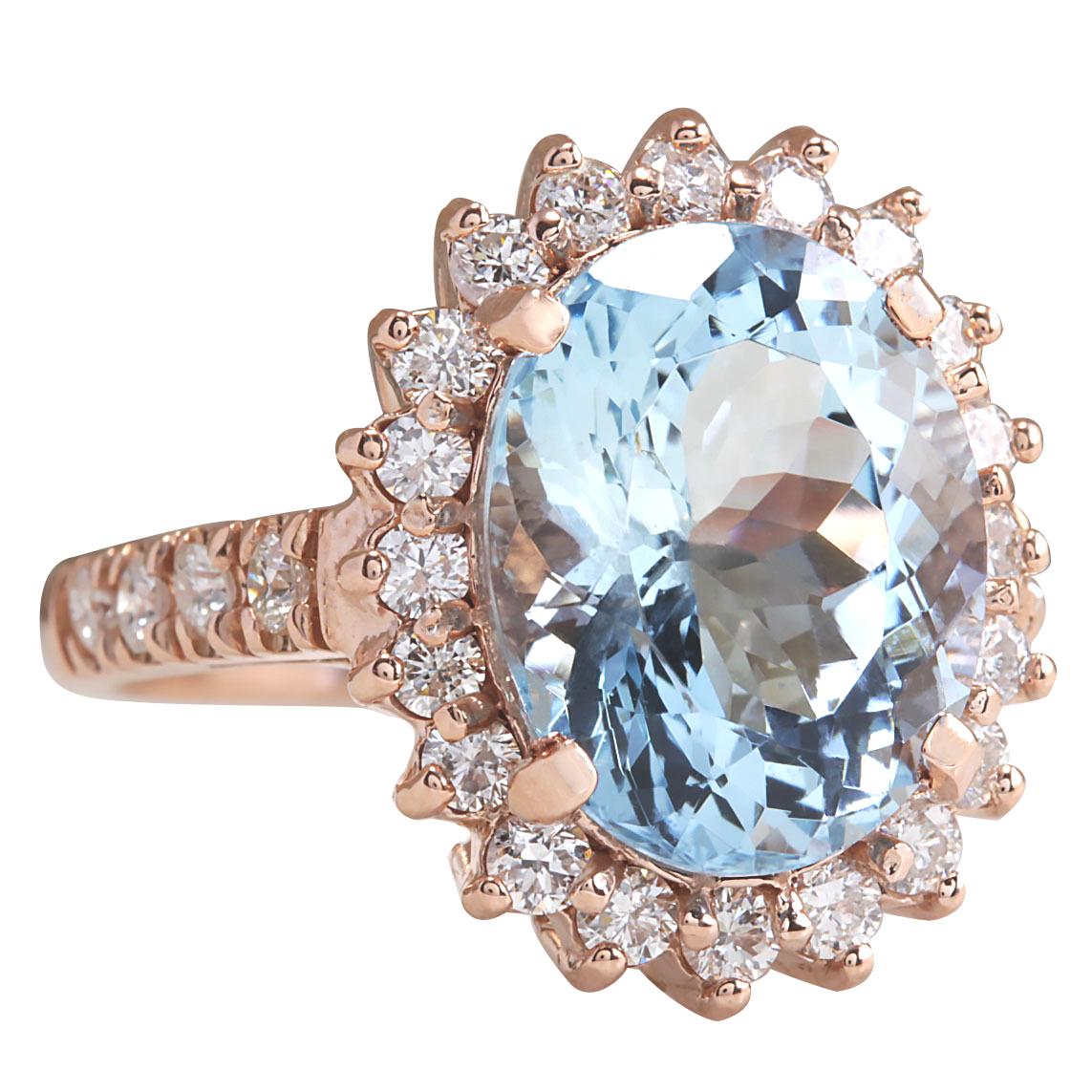 6.77 Carat Natural Aquamarine 14 Karat Rose Gold Diamond Ring
Stamped: 14K Rose Gold
Total Ring Weight: 6.0 Grams
Total Natural Aquamarine Weight is 5.77 Carat (Measures: 13.00x11.00 mm)
Color: Blue
Total Natural Diamond Weight is 1.00 Carat
Color: