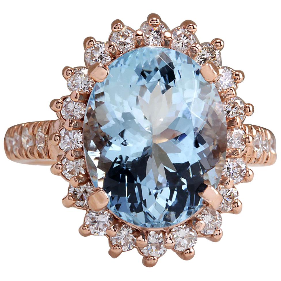 Natural Aquamarine 14 Karat Rose Gold Diamond Ring For Sale