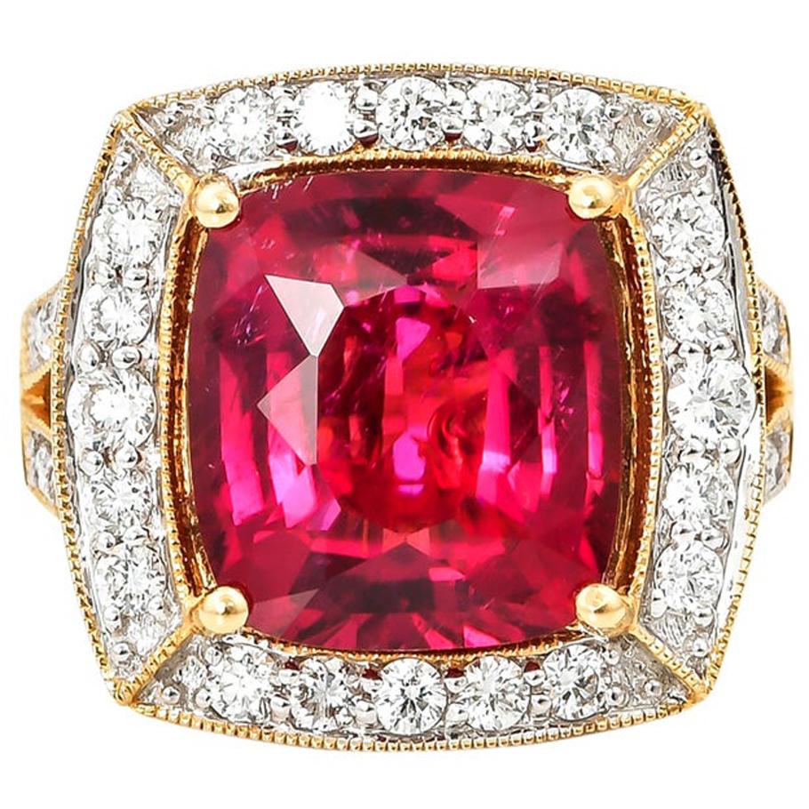 6.77 Carat Cushion Shaped Rubelite Ring in 18 Karat Yellow Gold with Diamonds For Sale