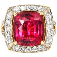 6.77 Carat Cushion Shaped Rubelite Ring in 18 Karat Yellow Gold with Diamonds