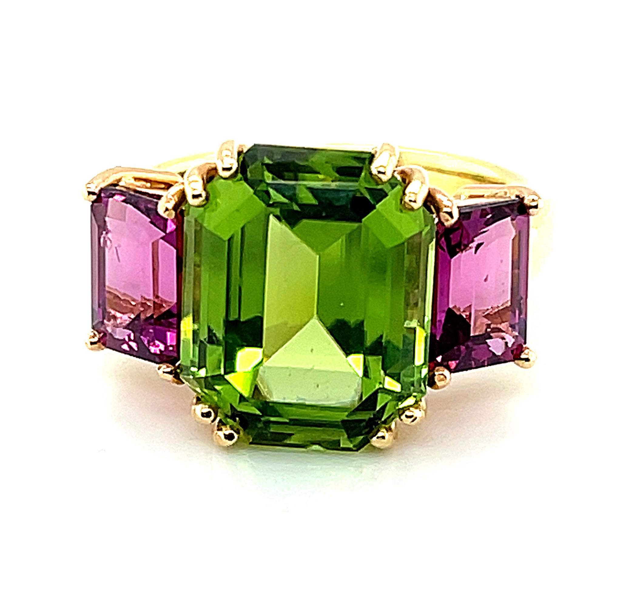 6.77 Carat Peridot, Pink Rhodolite Yellow and Rose Gold 3Stone