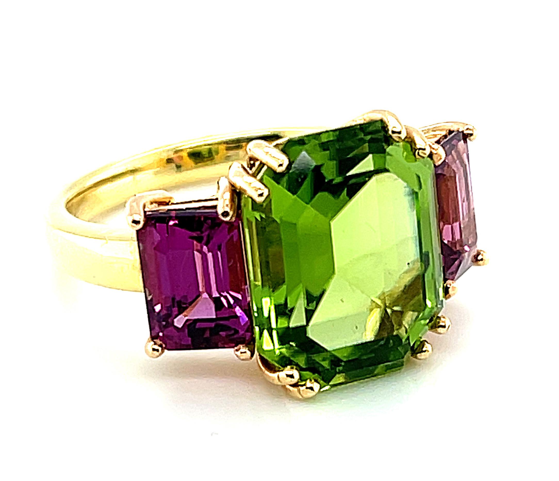Artisan 6.77 Carat Peridot and Rhodolite Garnet Cocktail Ring in Yellow and Rose Gold   For Sale
