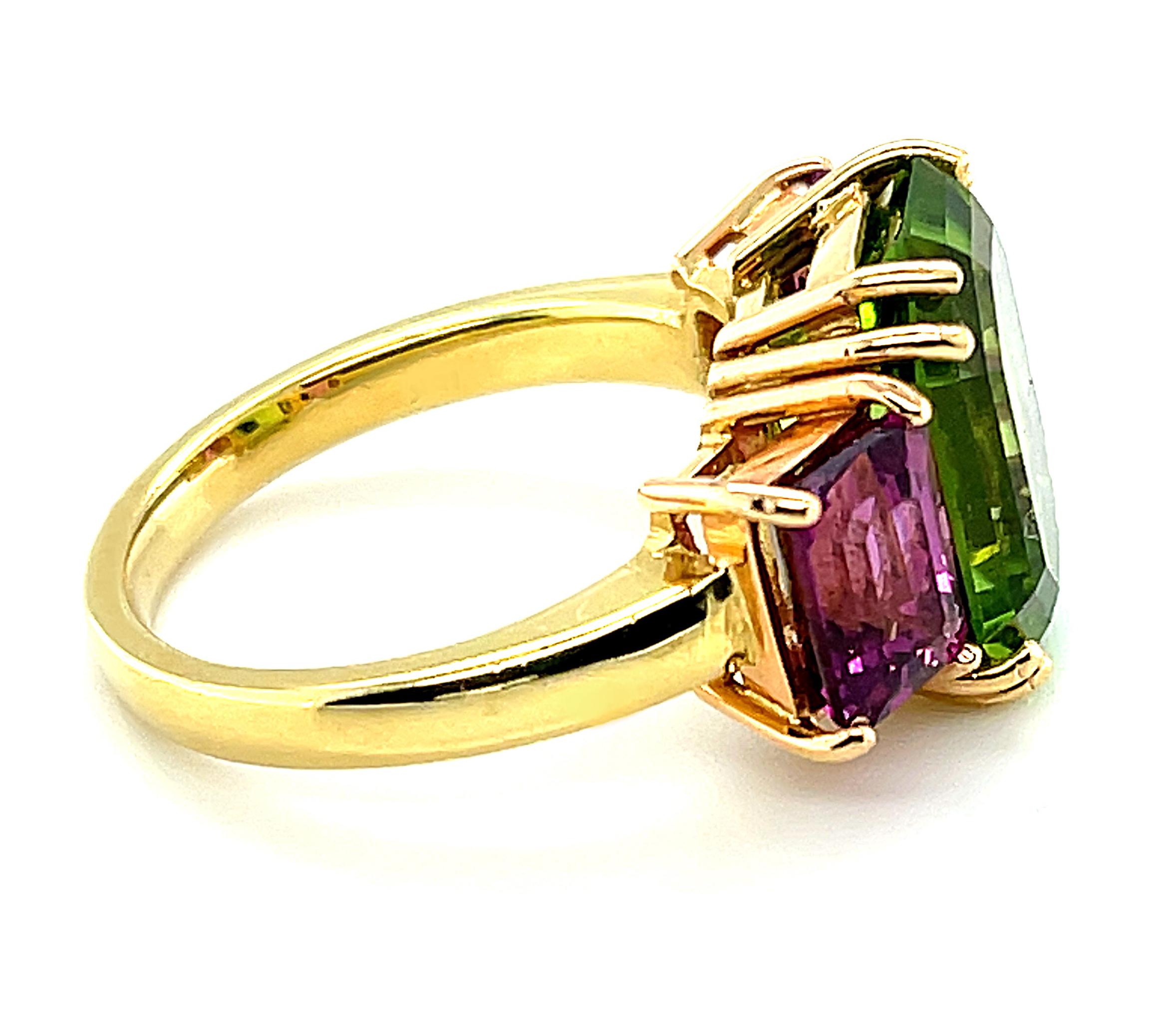 6.77 Carat Peridot, Pink Rhodolite Yellow and Rose Gold 3Stone
