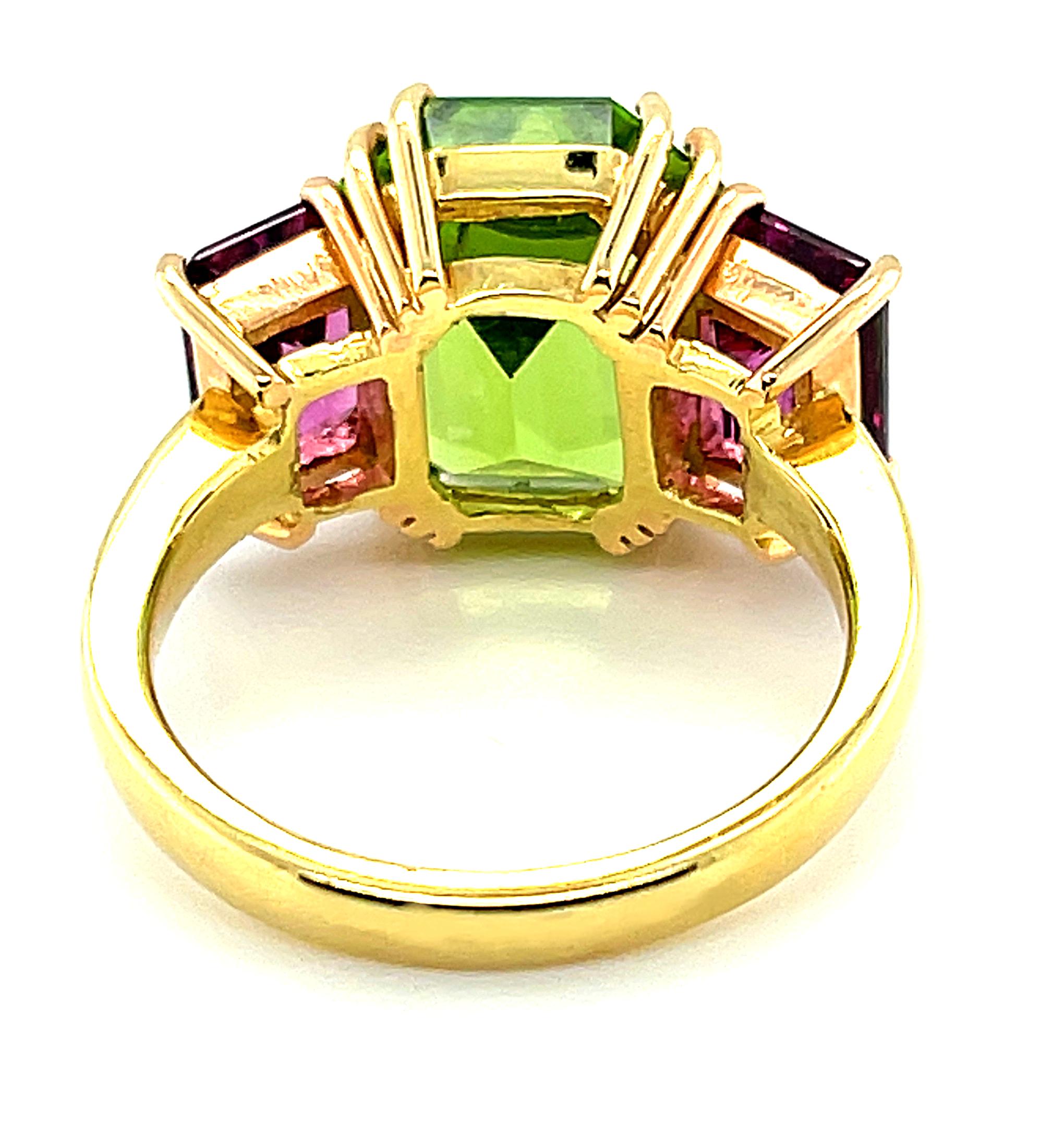 6.77 Carat Peridot, Pink Rhodolite Yellow and Rose Gold 3Stone