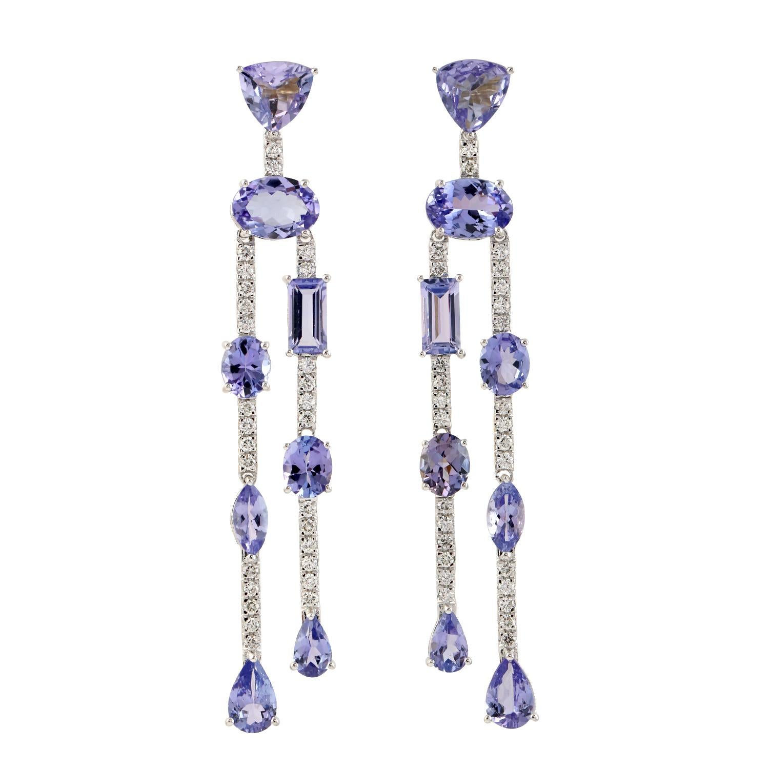 6.78 Carat Tanzanite 14 Karat Gold Diamond Linear Earrings