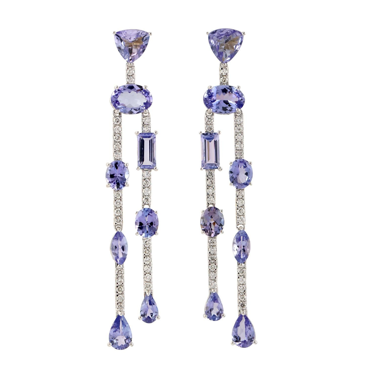 6.78 Carat Tanzanite 14 Karat Gold Diamond Linear Earrings