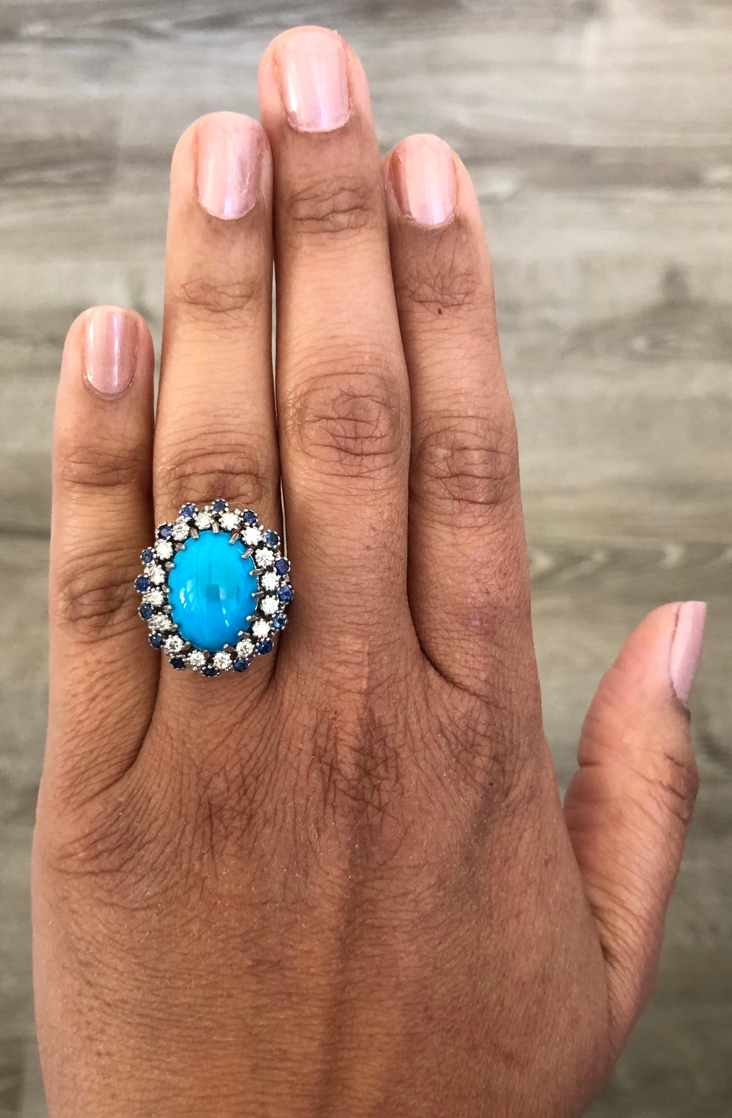 Oval Cut 6.78 Carat Turquoise Sapphire Diamond White Gold Cocktail Ring