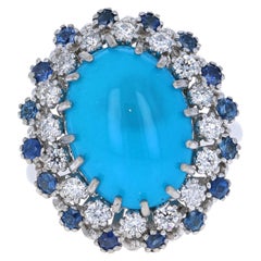 6.78 Carat Turquoise Sapphire Diamond White Gold Cocktail Ring
