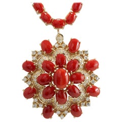Natural Coral Diamond Necklace In 14 Karat Yellow Gold 