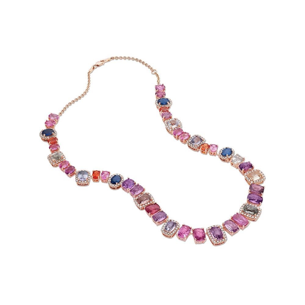 •	18KT Rose Gold
•	67.82 Carats

•	Number of Diamonds: 226
•	Carat Weight: 3.26ctw

•	Number of Sapphires: 41
•	Carat Weight: 64.56ctw

•	This one of a kind necklace contains a unique combination of sapphires; varying in their cuts, shapes, and