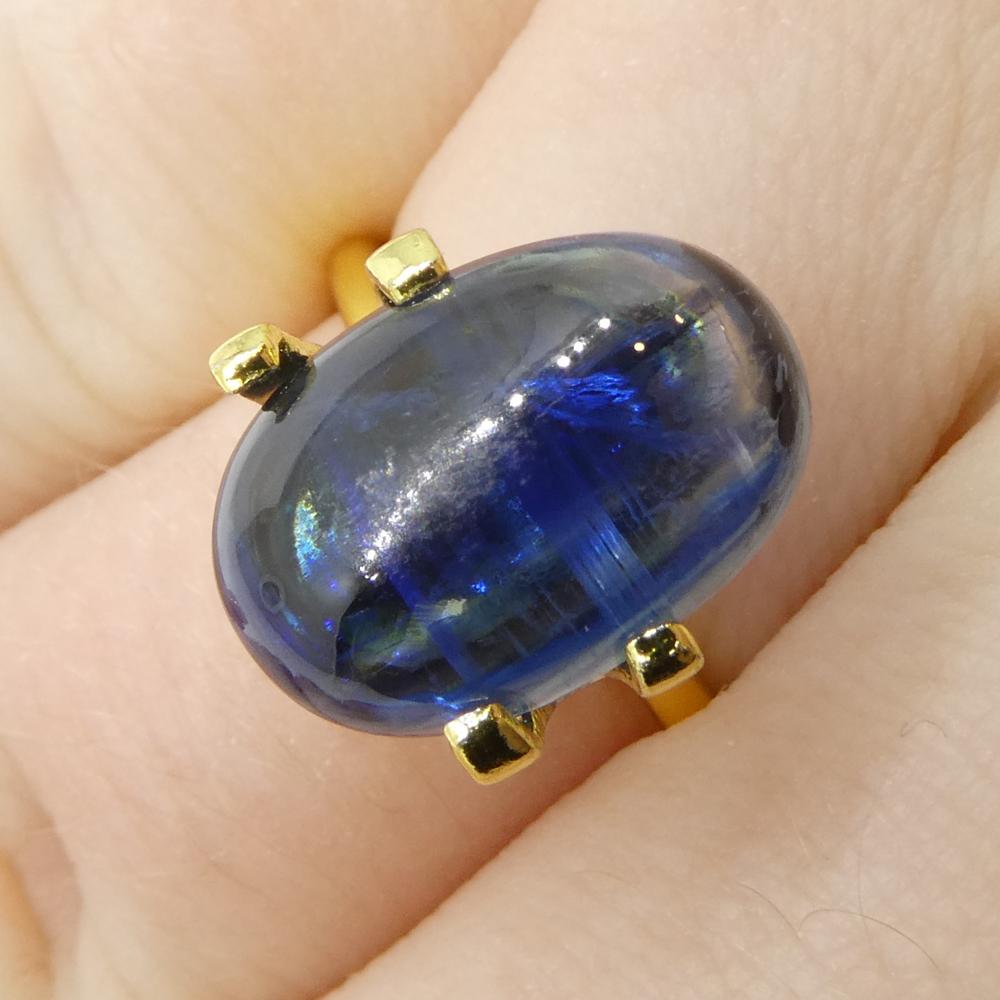 Description:

Gem Type: Kyanite 
Number of Stones: 1
Weight: 6.78 cts
Measurements: 13.44 x 8.97 x 5.36 mm
Shape: Oval Cabochon
Cutting Style Crown: 
Cutting Style Pavilion:  
Transparency: Transparent
Clarity: Moderately Included: Inclusions easily
