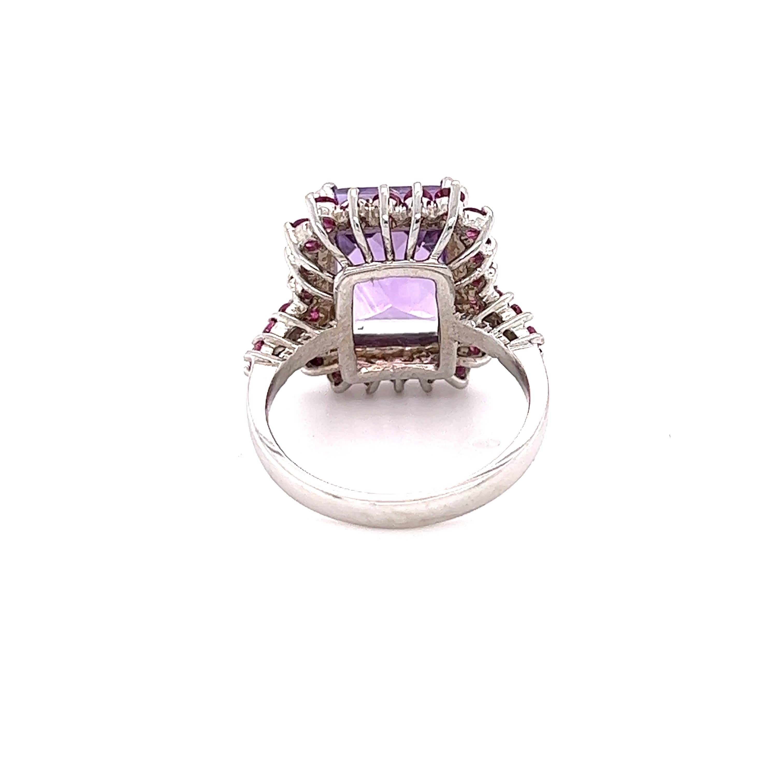 Emerald Cut 6.79 Carat Amethyst Pink Sapphire Diamond White Gold Cocktail Ring For Sale