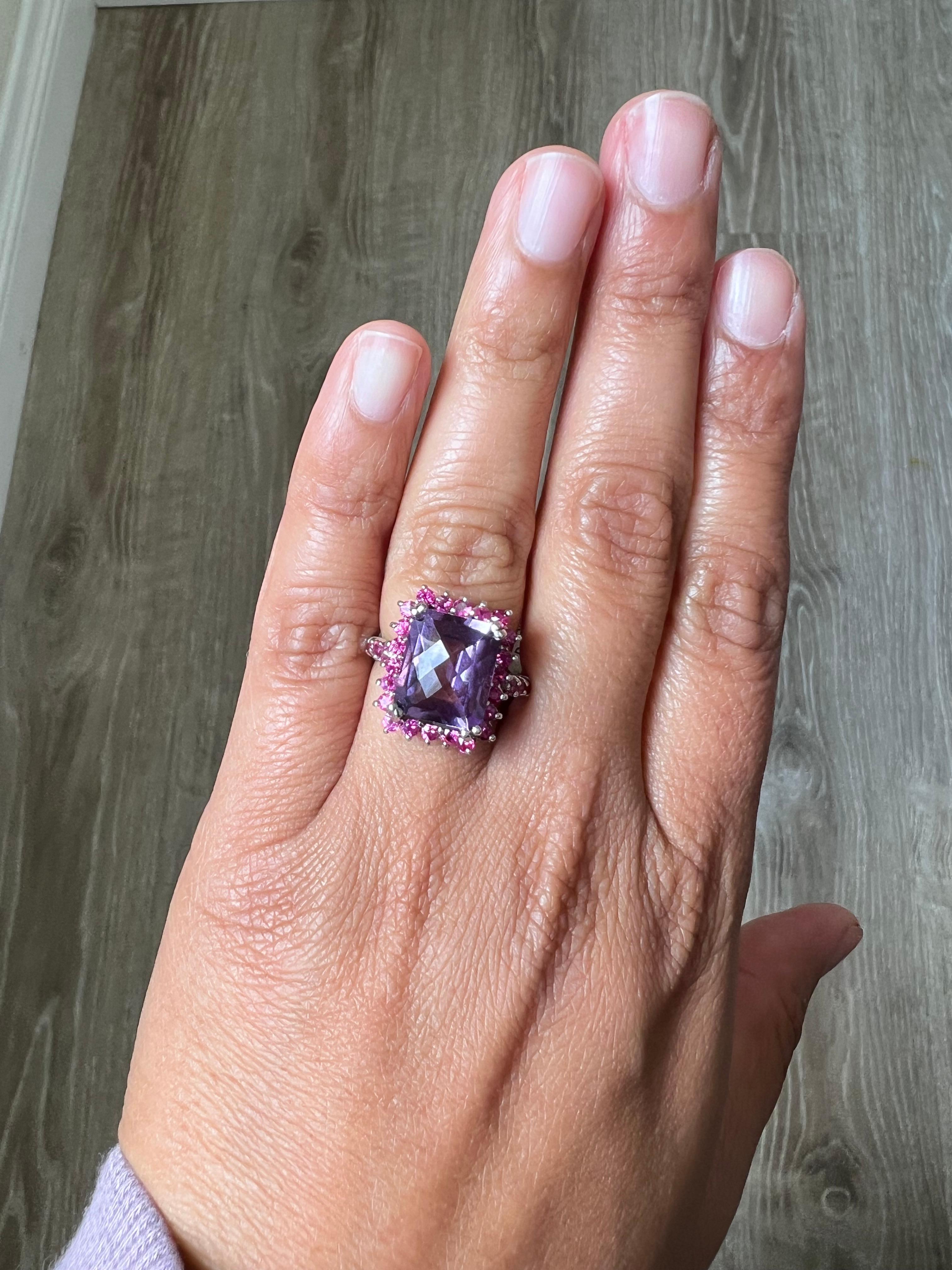 6.79 Carat Amethyst Pink Sapphire Diamond White Gold Cocktail Ring In New Condition For Sale In Los Angeles, CA