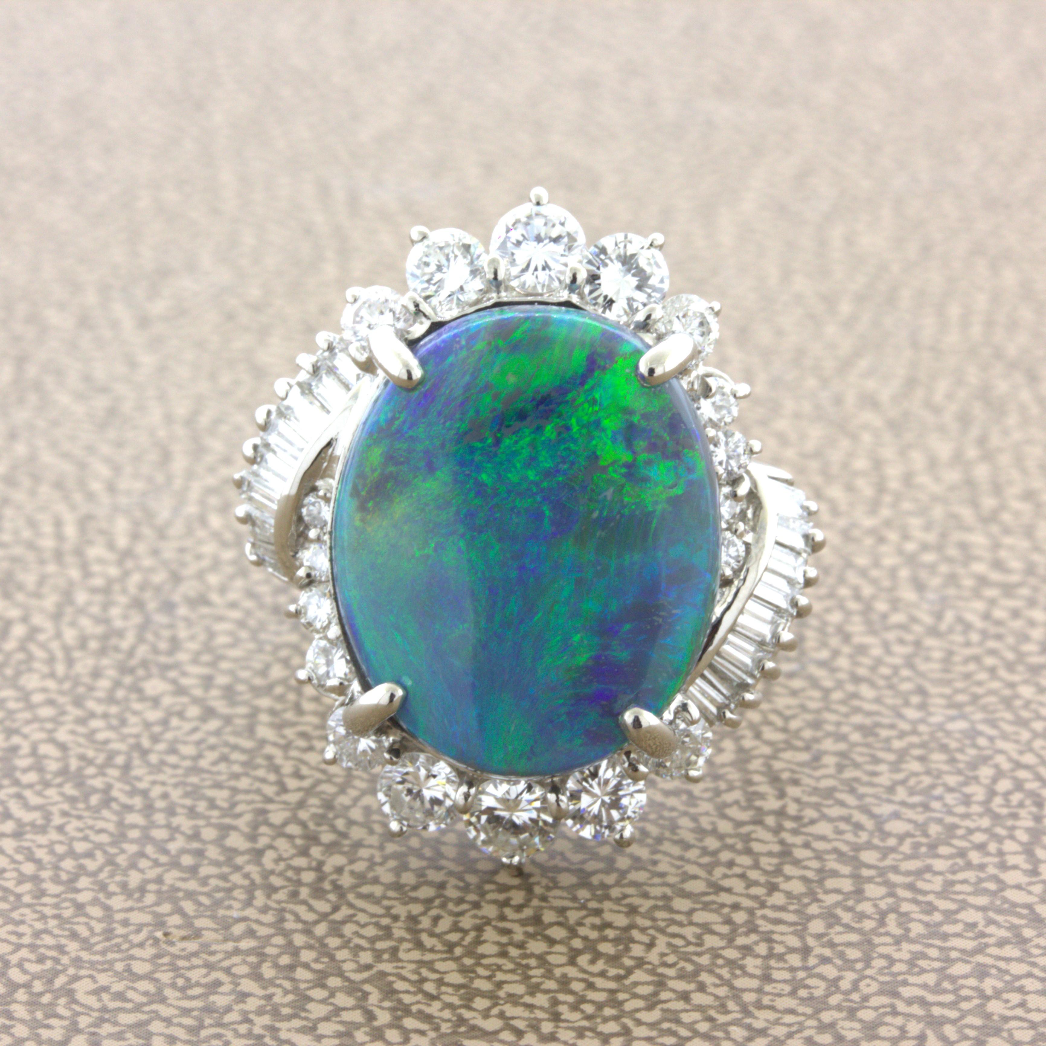 A very fine and beautifully shaped black Australian opal takes center stage. It weighs 6.79 carats and has a unique color pattern with strong blue-green play-of-color. It is accented by 1.66 carats of round brilliant and baguette-cut diamonds set