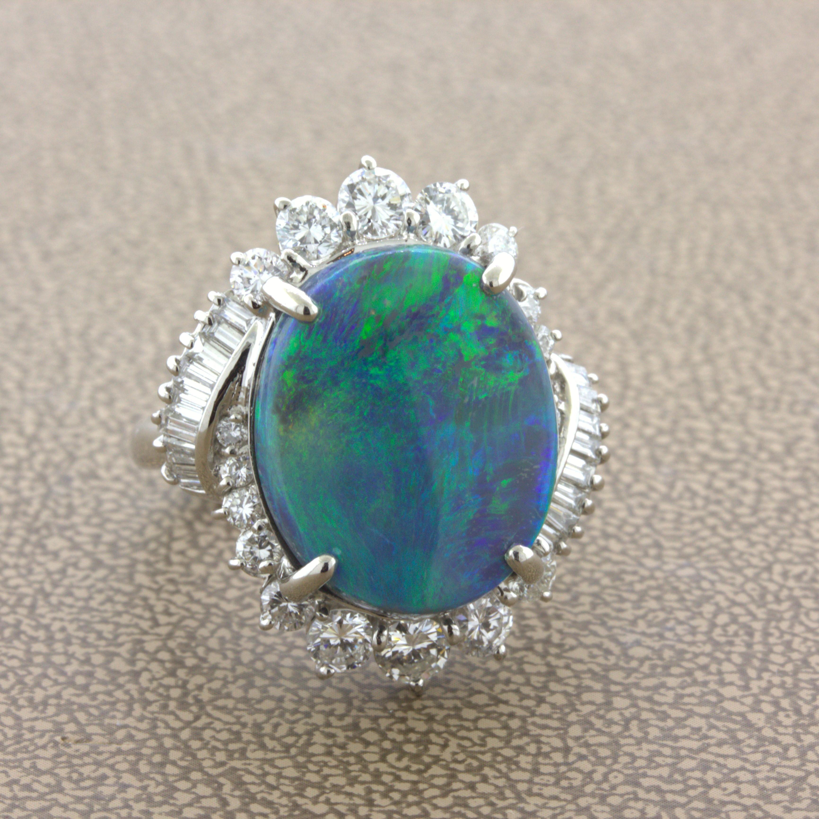 6.79 Carat Australian Black Opal Diamond Platinum Cocktail Ring In New Condition For Sale In Beverly Hills, CA