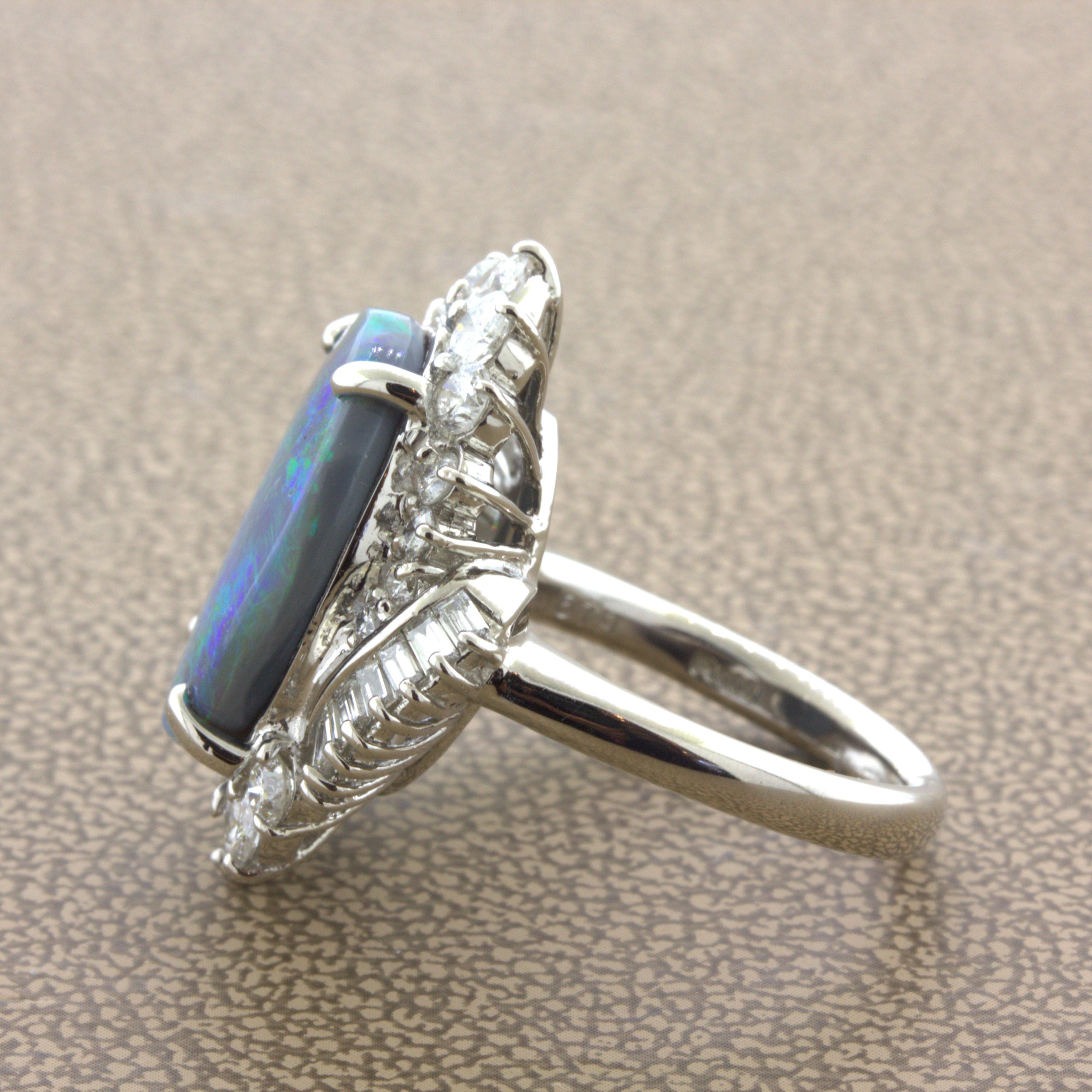 6.79 Carat Australian Black Opal Diamond Platinum Cocktail Ring For Sale 1