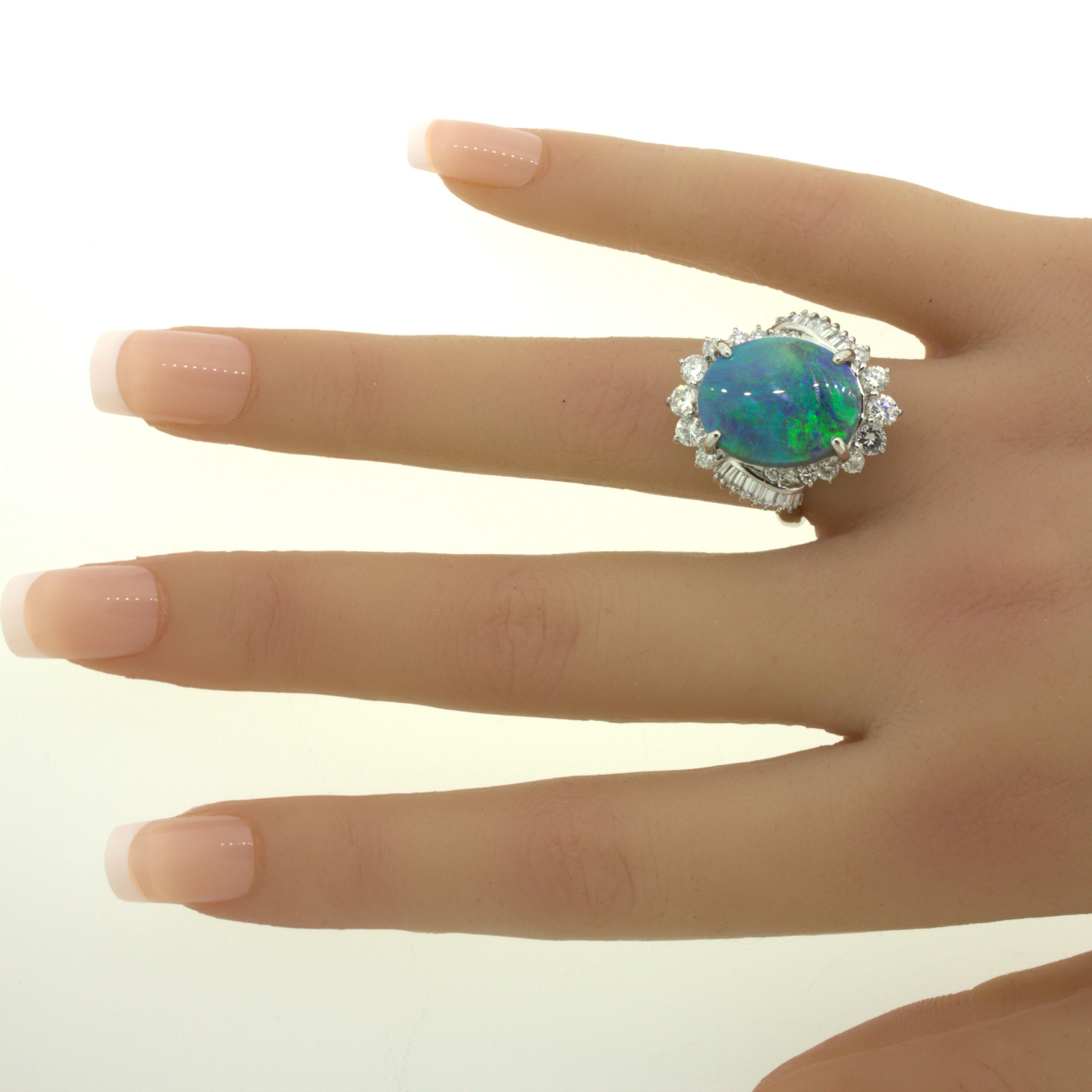 6.79 Carat Australian Black Opal Diamond Platinum Cocktail Ring For Sale 3