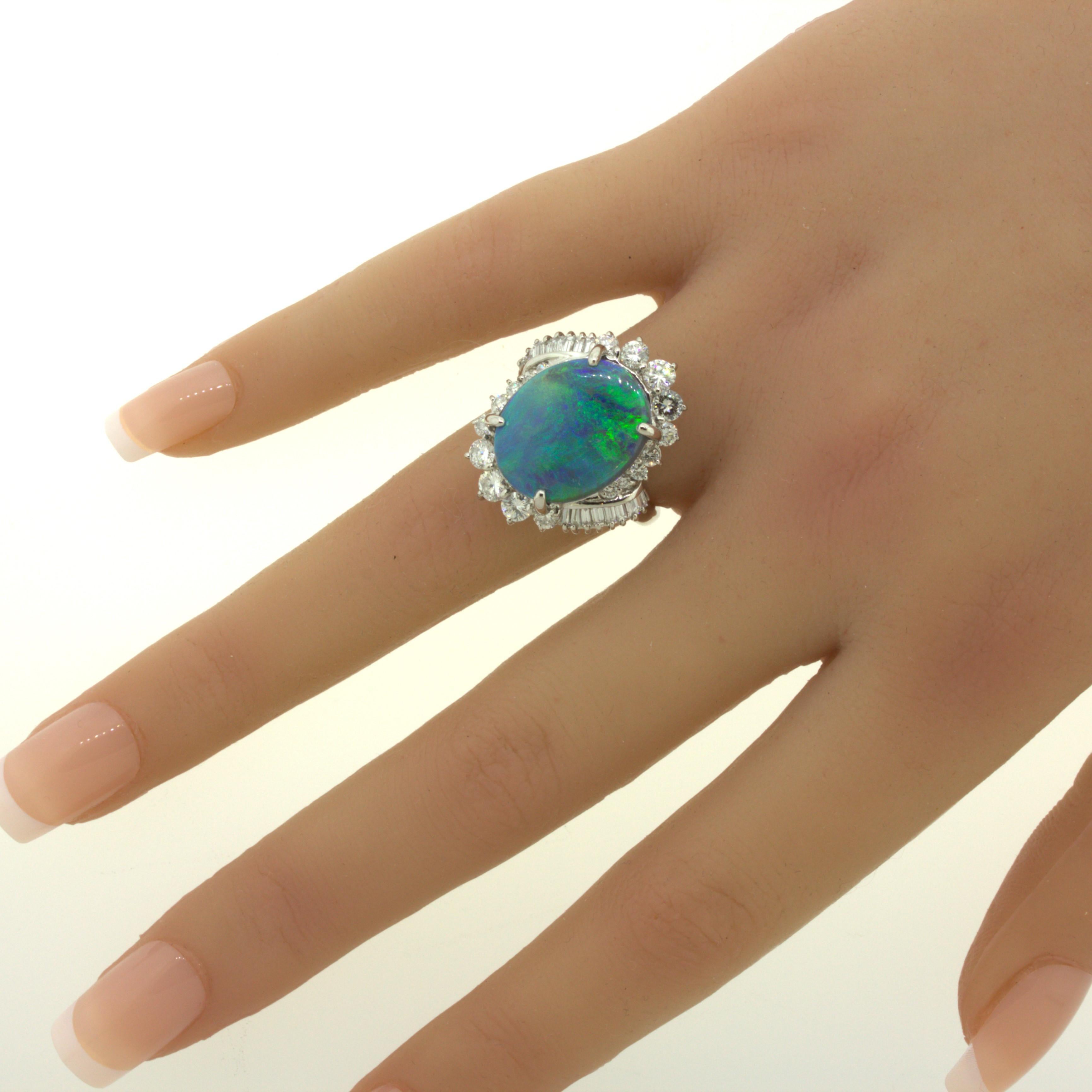 6.79 Carat Australian Black Opal Diamond Platinum Cocktail Ring For Sale 4