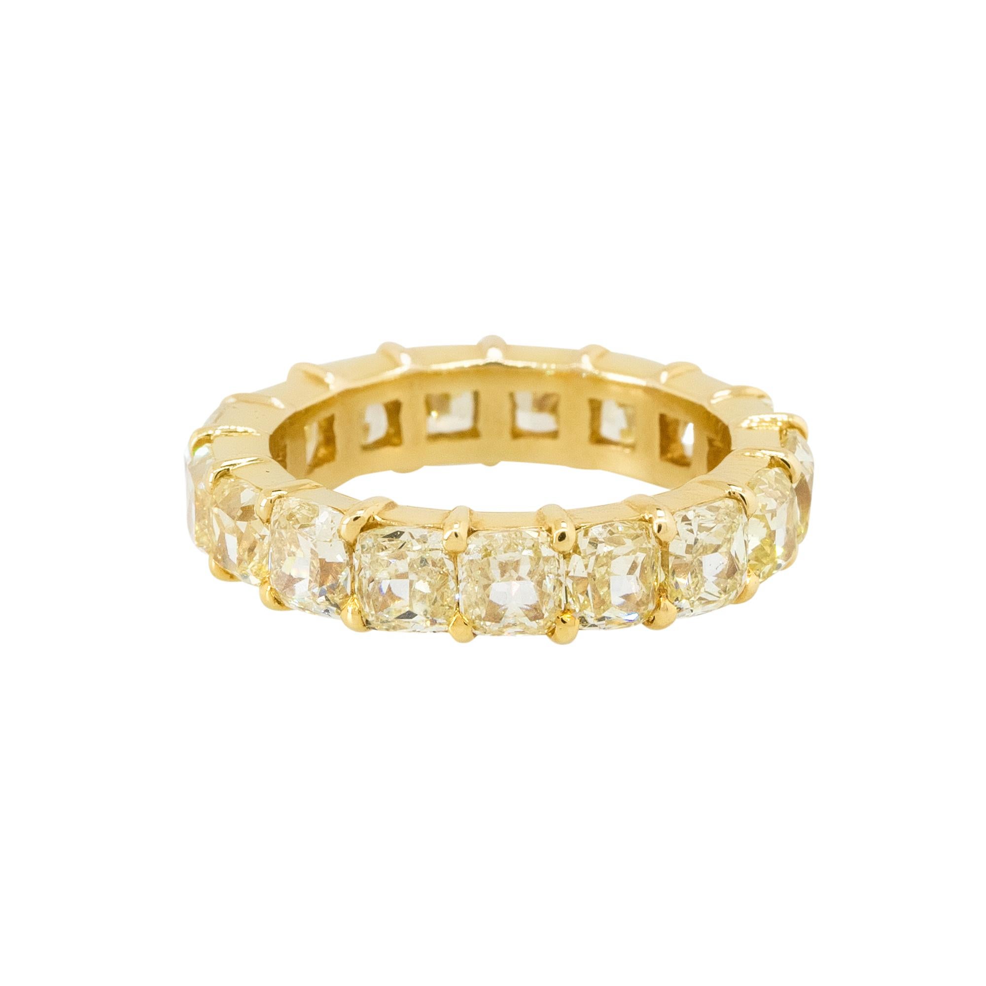Material: 18k Yellow Gold
Diamond Details: Approx. 6.79ctw of cushion cut Diamonds. Diamonds are Fancy Yellow in color and VS in clarity
Total weight: 5.9g (3.8dwt)
Measurements: 23mm x 23mm x 5mm
Size: 6.25 
Additional details: This item comes with