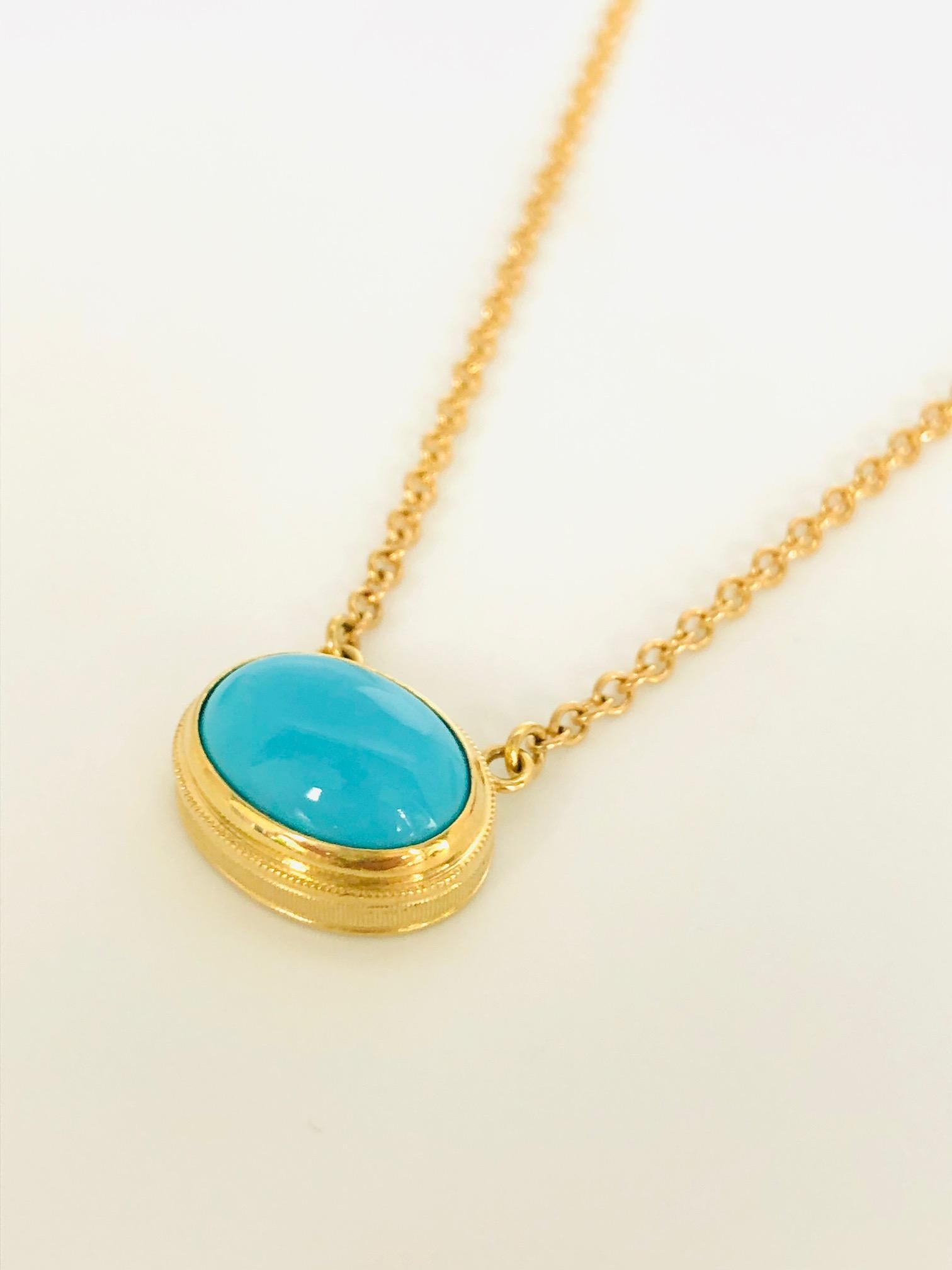 The “robin’s egg blue” color of the turquoise cabochon featured in this necklace represents the finest quality money can buy. This bezel-set 6.79 carat gem is from the Sleeping Beauty Mine, whose reputation for high quality is legendary. Handcrafted