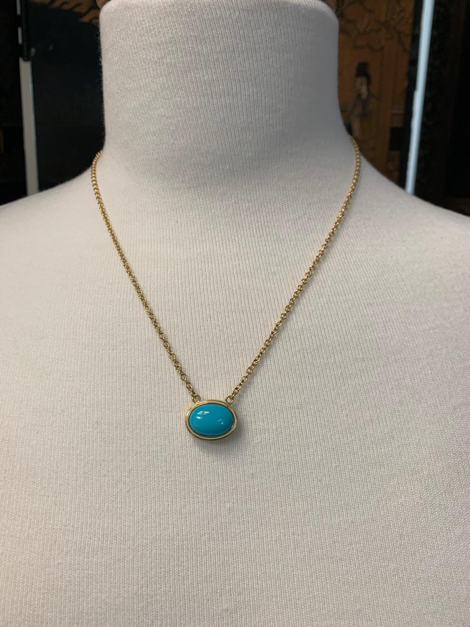 Artisan 6.79 Carat Sleeping Beauty Turquoise Cabochon and 18k Yellow Gold Chain Necklace