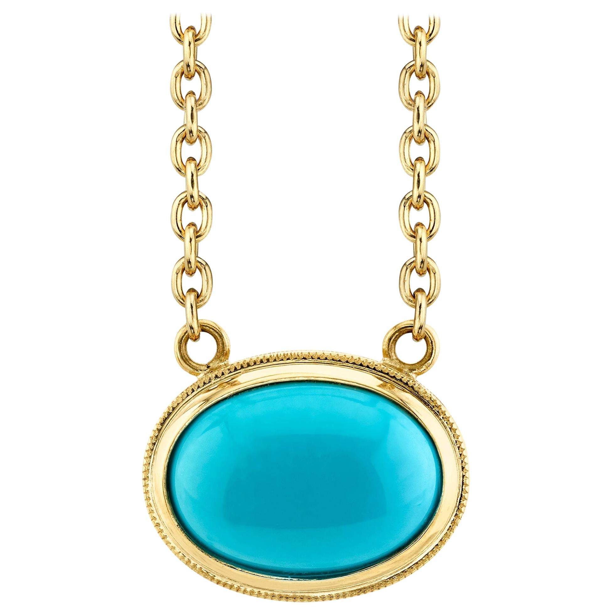 6.79 Carat Sleeping Beauty Turquoise Cabochon and 18k Yellow Gold Chain Necklace