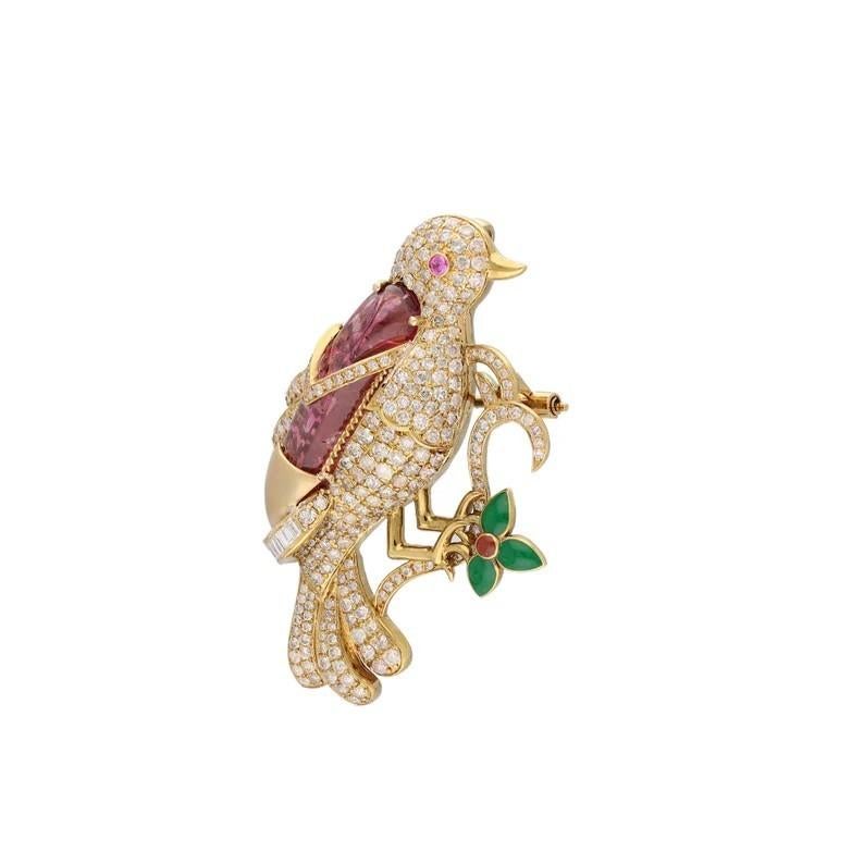 Artisan 6.79 Carat Tourmaline Diamond 18 Karat Gold Bird Vintage Style Pendant Brooch For Sale