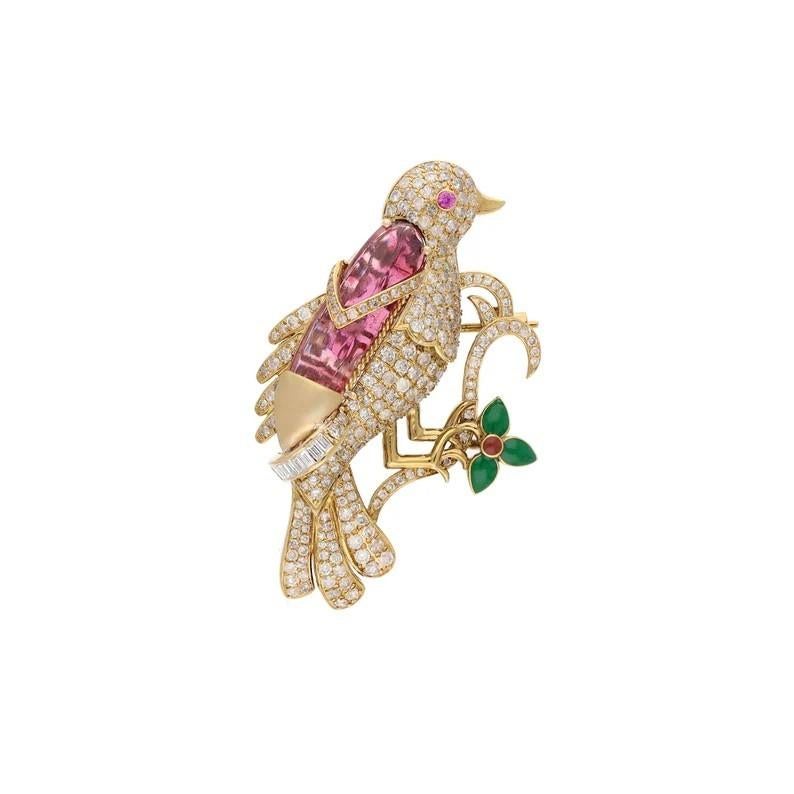 Mixed Cut 6.79 Carat Tourmaline Diamond 18 Karat Gold Bird Vintage Style Pendant Brooch For Sale