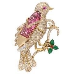 Broche Colgante Estilo Vintage Pájaro Oro 18 Kilates Diamante Turmalina 6,79 Quilates