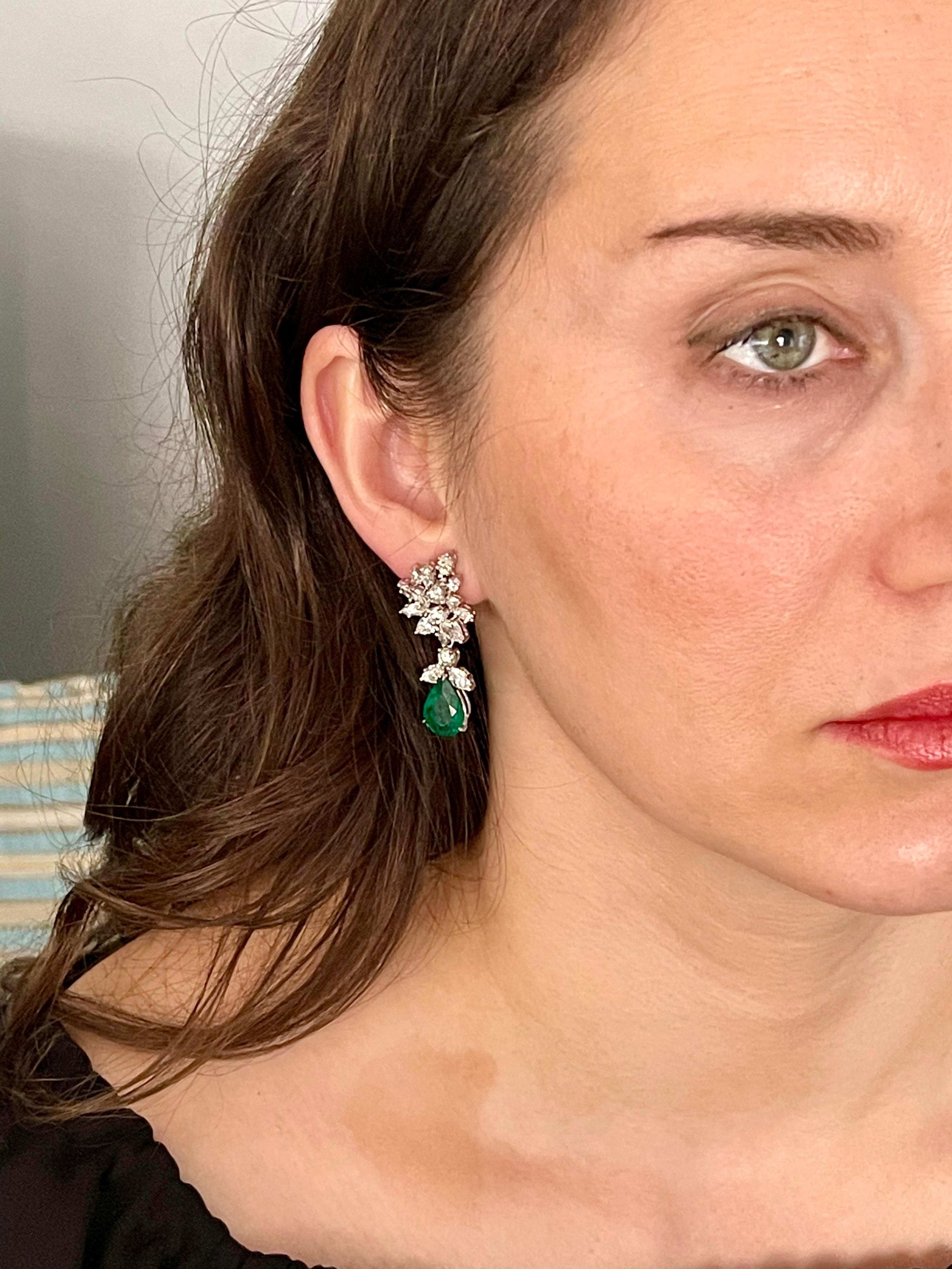 6.79 Carat Certified Colombian Minor Emerald Diamond Removable Drop Earrings PT For Sale 13