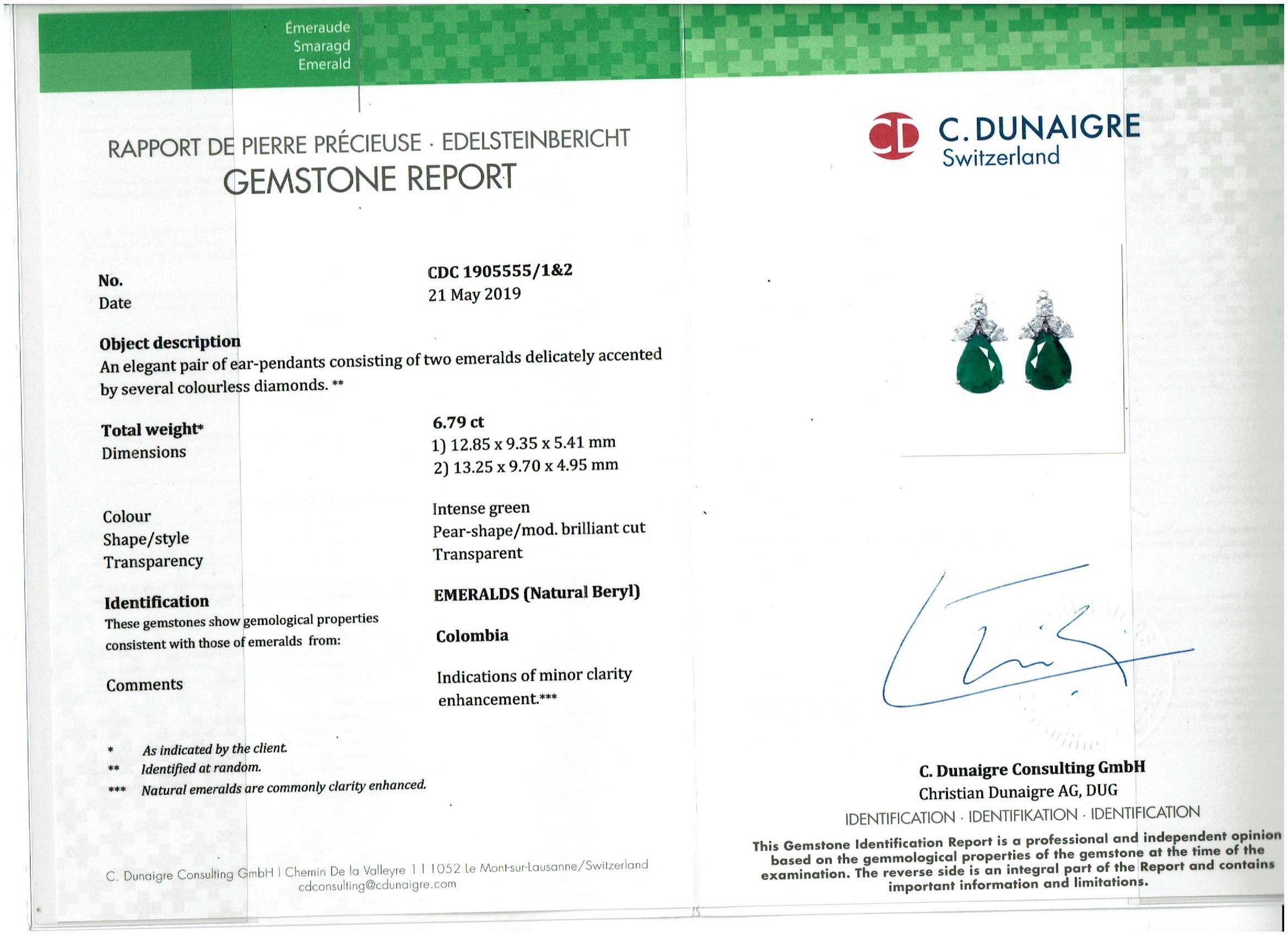 6.79 Carat Certified Colombian Minor Emerald Diamond Removable Drop Earrings PT For Sale 2