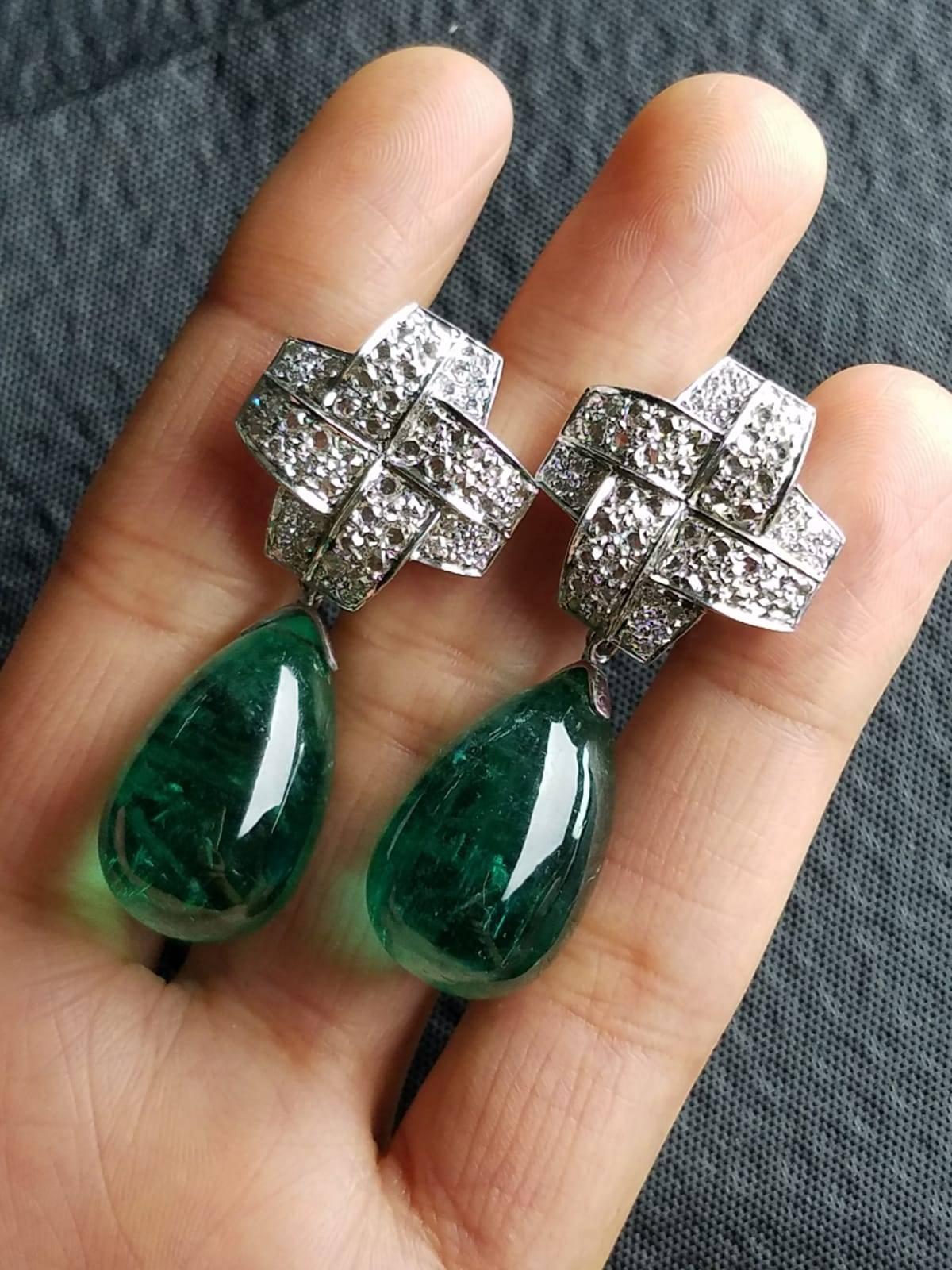 Pear Cut 67.95 Carat Emerald Drop and Diamond 18 Karat Gold Dangle Earrings
