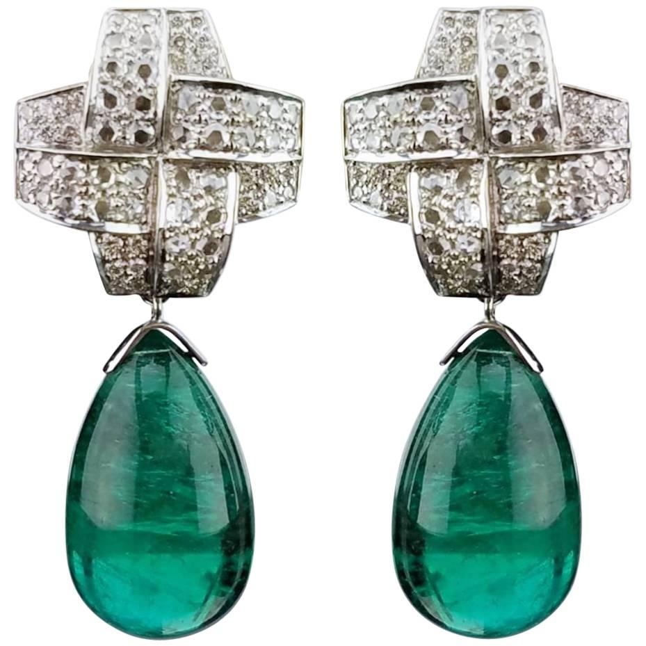 67.95 Carat Emerald Drop and Diamond 18 Karat Gold Dangle Earrings