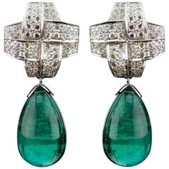 67.95 Carat Emerald Drop and Diamond 18 Karat Gold Dangle Earrings