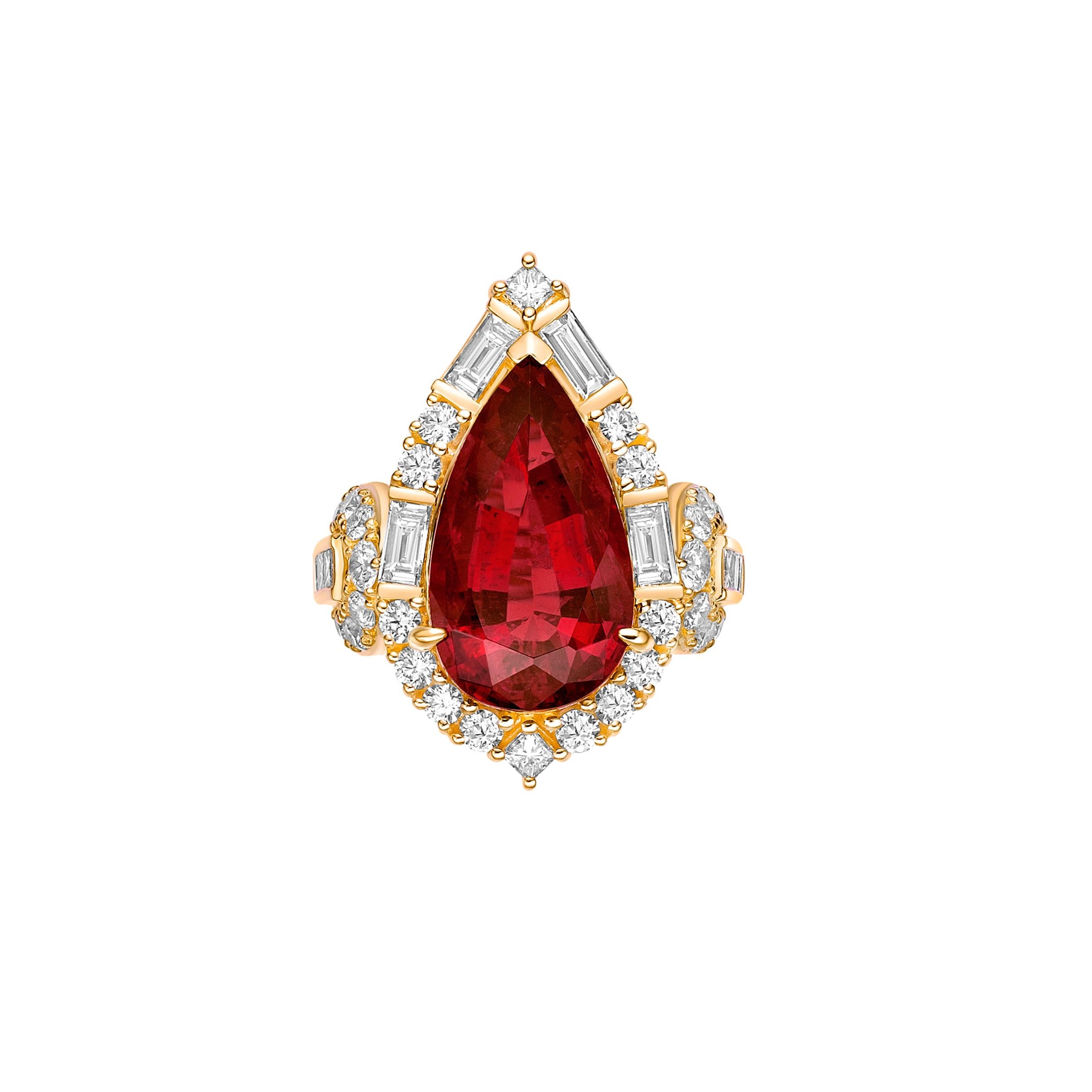 Contemporary 6.796 Carat Rubelite Fancy Ring in 18Karat Yellow Gold with White Diamond. For Sale
