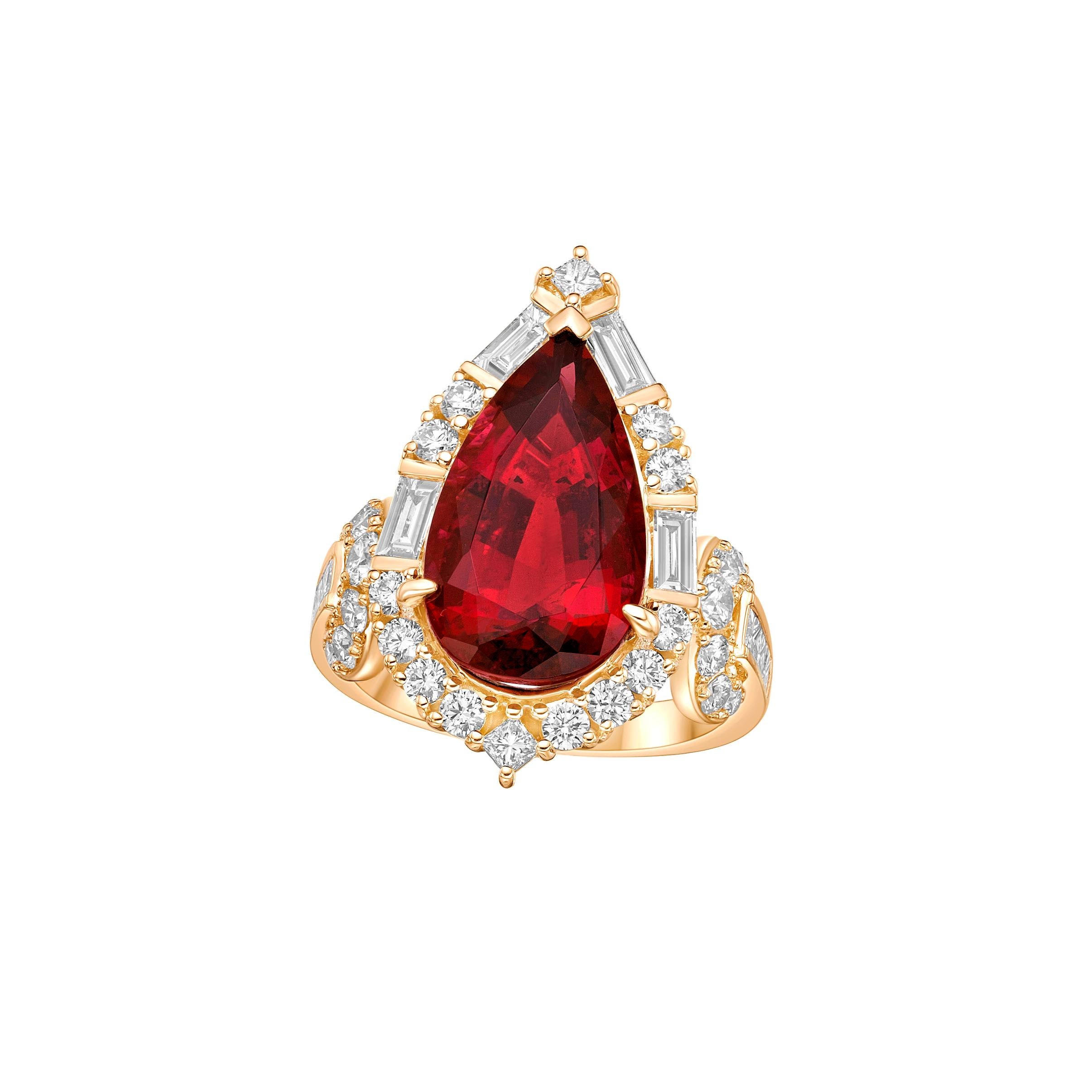 Pear Cut 6.796 Carat Rubelite Fancy Ring in 18Karat Yellow Gold with White Diamond. For Sale