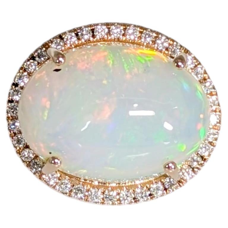 6.7Ct Ethiopian Opal Ring with Natural Diamond Halo: Solid 14K Gold, 15x12mm For Sale