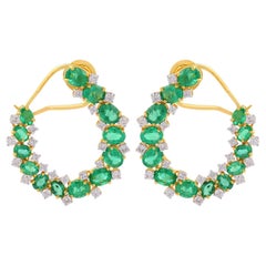 6.7ct Natural Emerald 1.15ct Diamond Scalloped 18k Gold Hoop Earrings Jewelry